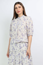 ميكا بلوزة مشجرة بياقة قصيرة نص كم منفوخ نسائية