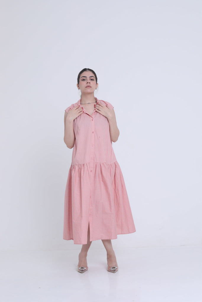 ميكا فستان ميدي مخطط بالطول بأزرار امامية بدون كم