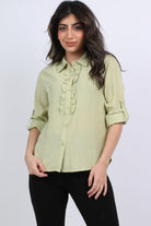 ميكا قميص بأزرار أمامية بكشكشة فرنسية كم طويل نسائي