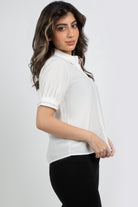 ميكا بلوزة سادة أزرار أمامية كم قصير وياقة نسائي