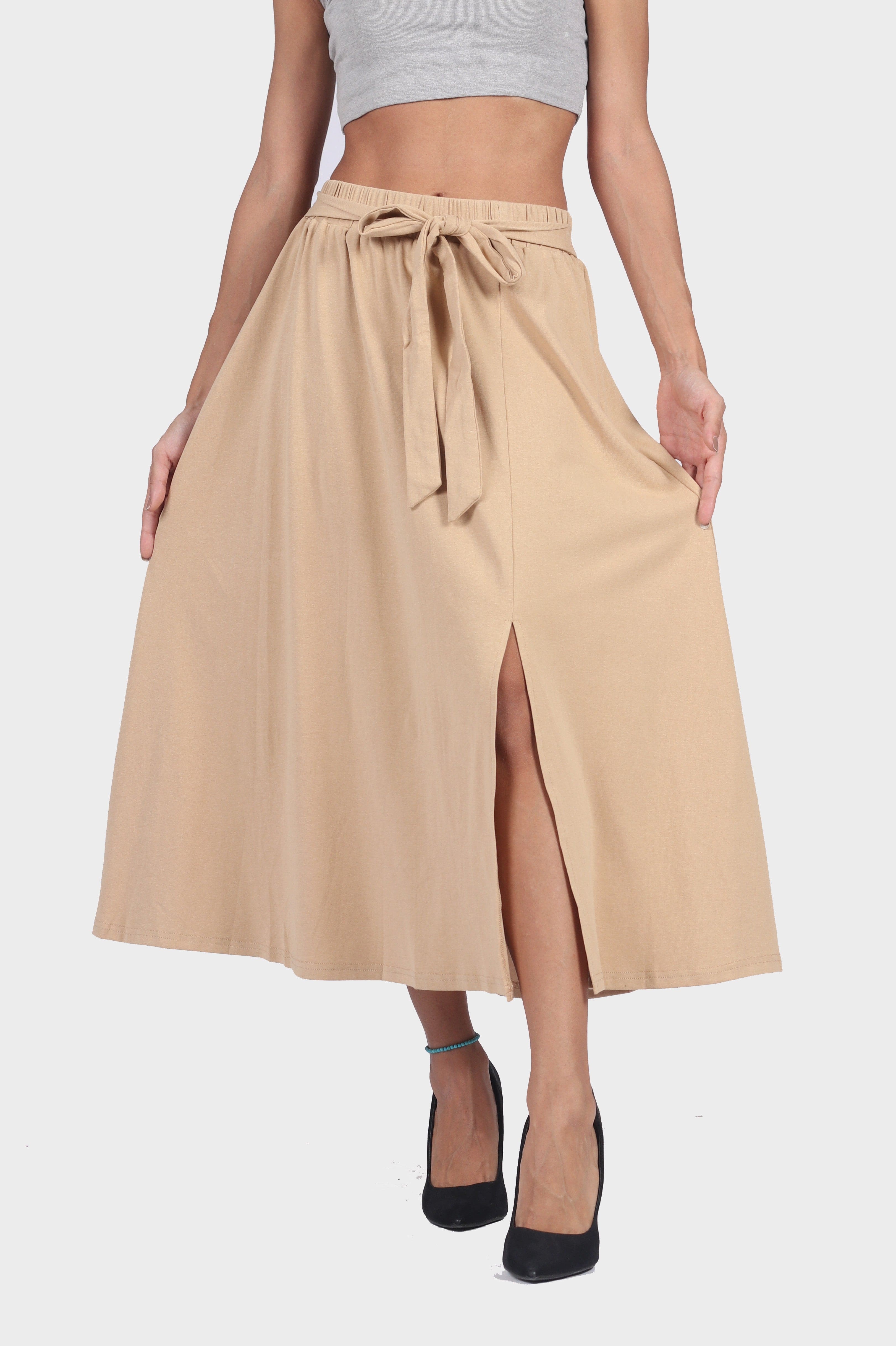 ميكا تنورة ميدي كاجوال سادة بحزام خصر