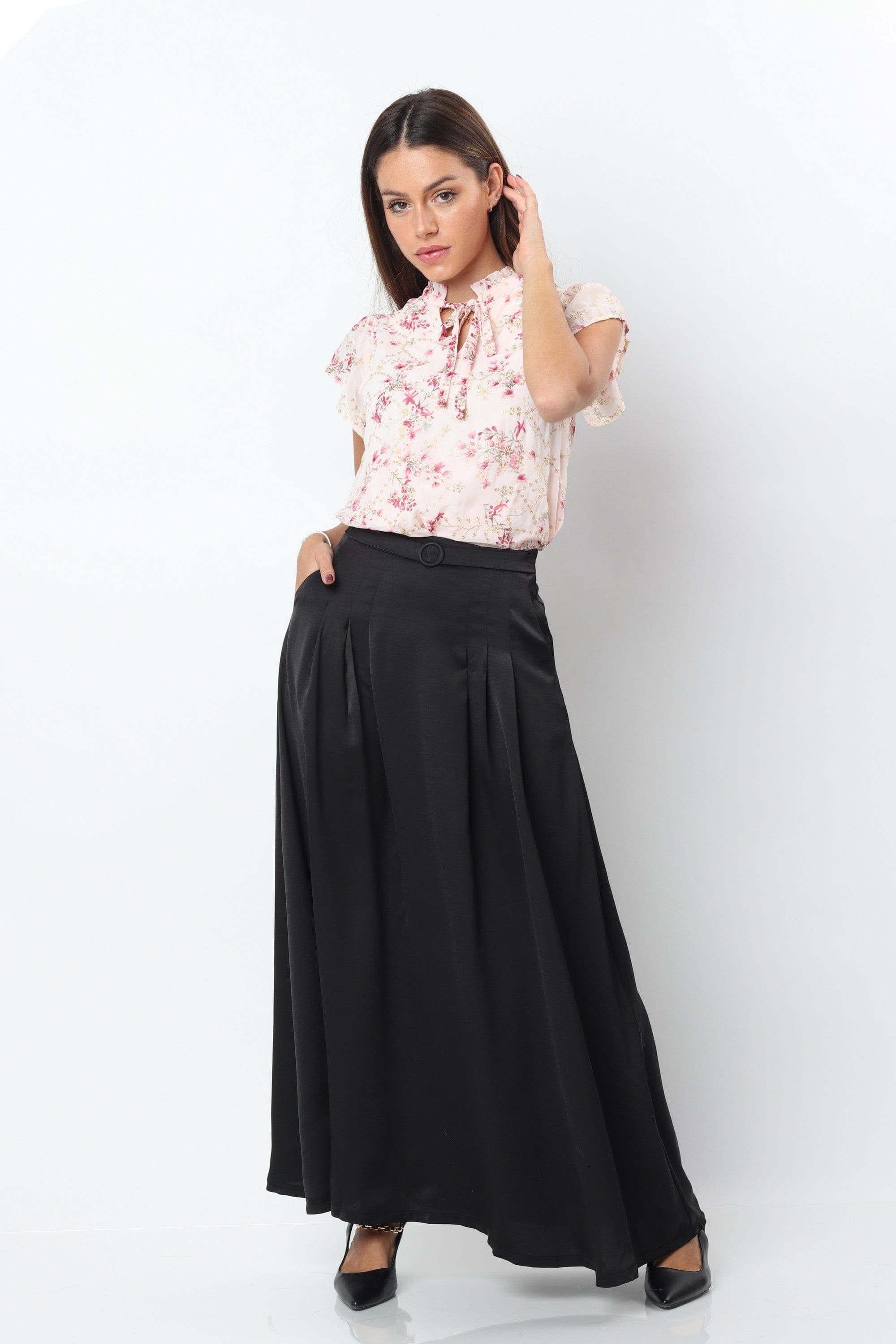 ميكا تنورة طويلة سادة كلوش بخصر مرتفع