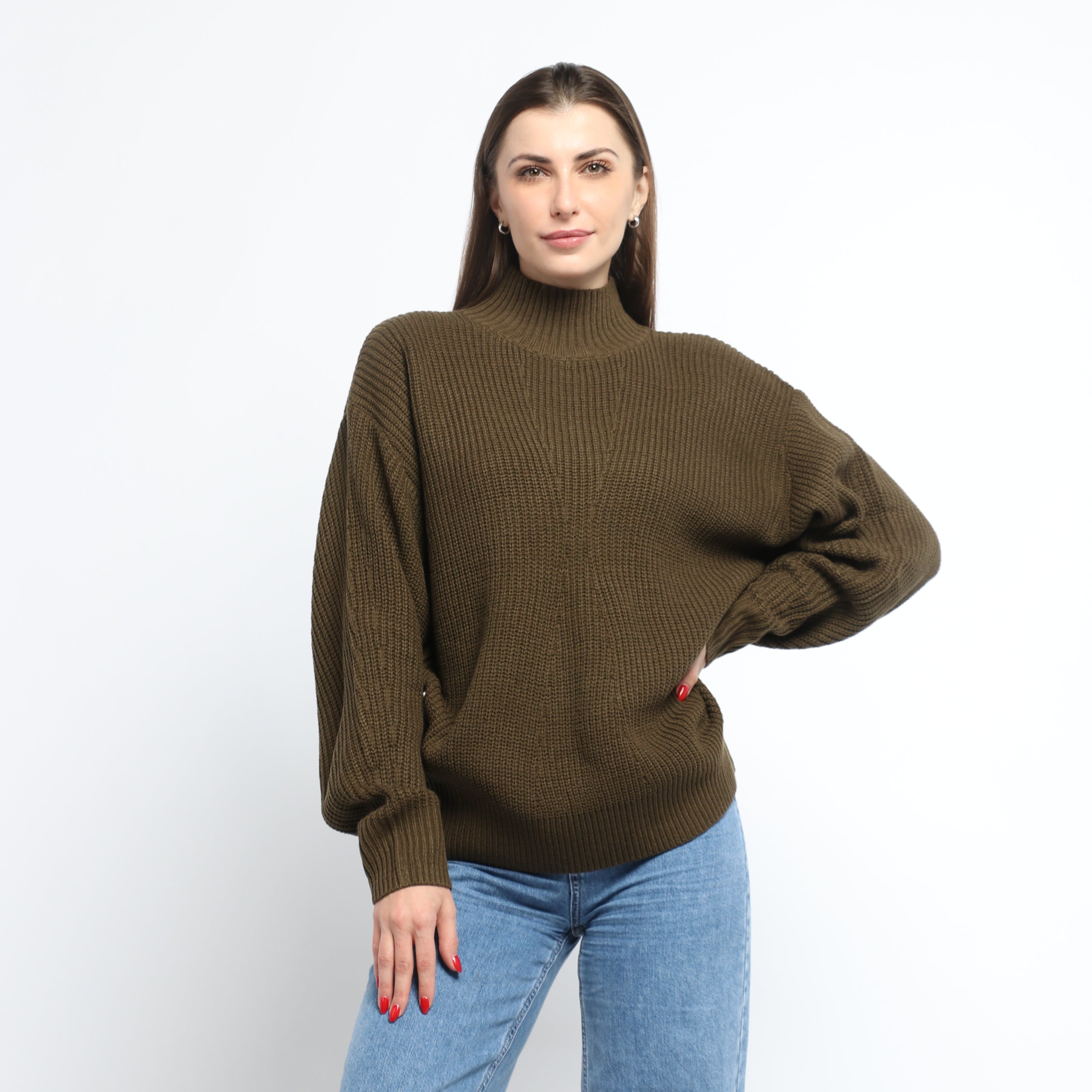 ميكا توب مضلع سادة بياقة مرتفعة بكم طويل نسائي