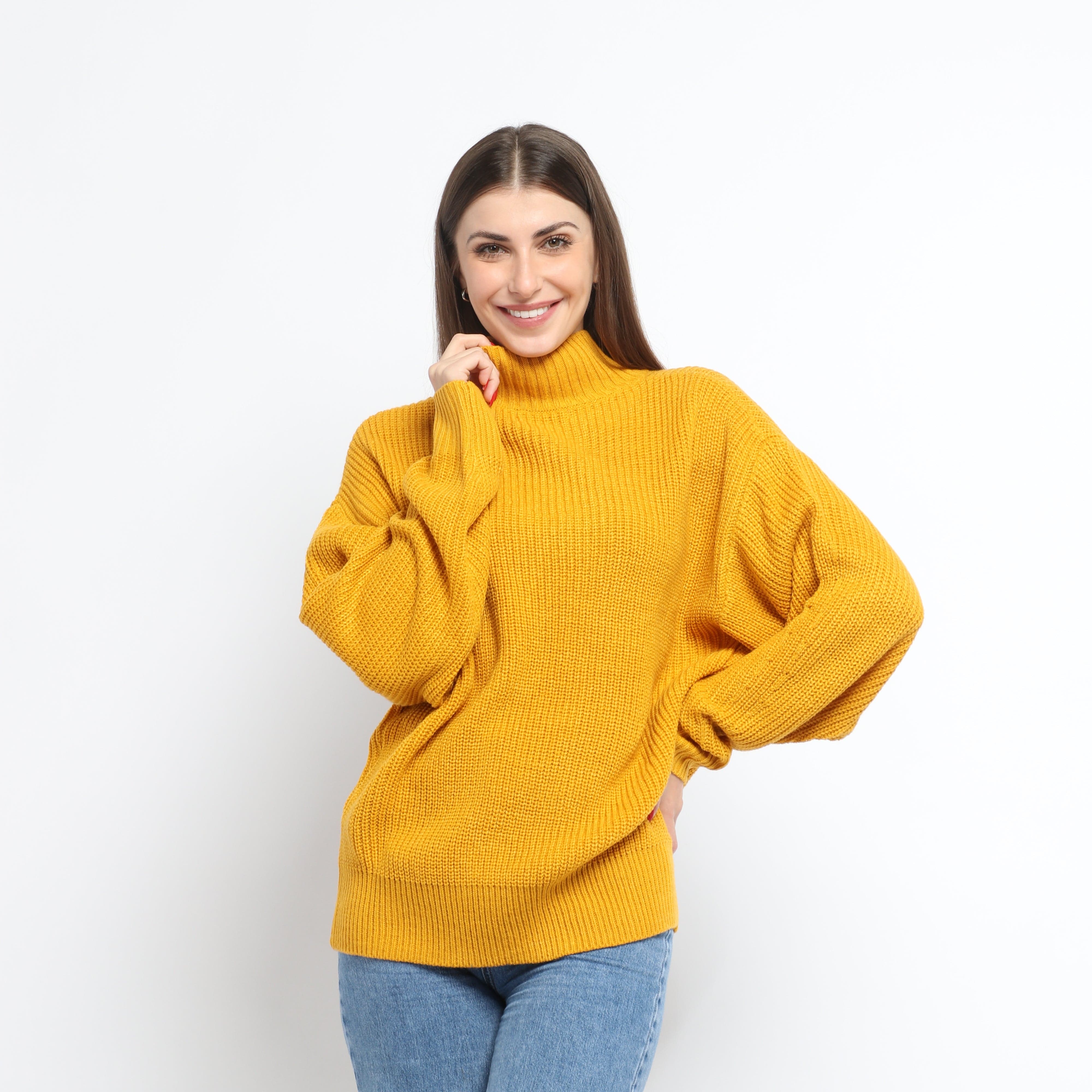 ميكا توب مضلع سادة بياقة مرتفعة بكم طويل نسائي