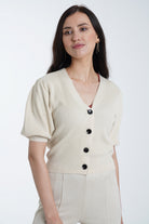 ميكا توب قصير مضلع بأزرار أمامية نص كم نسائي