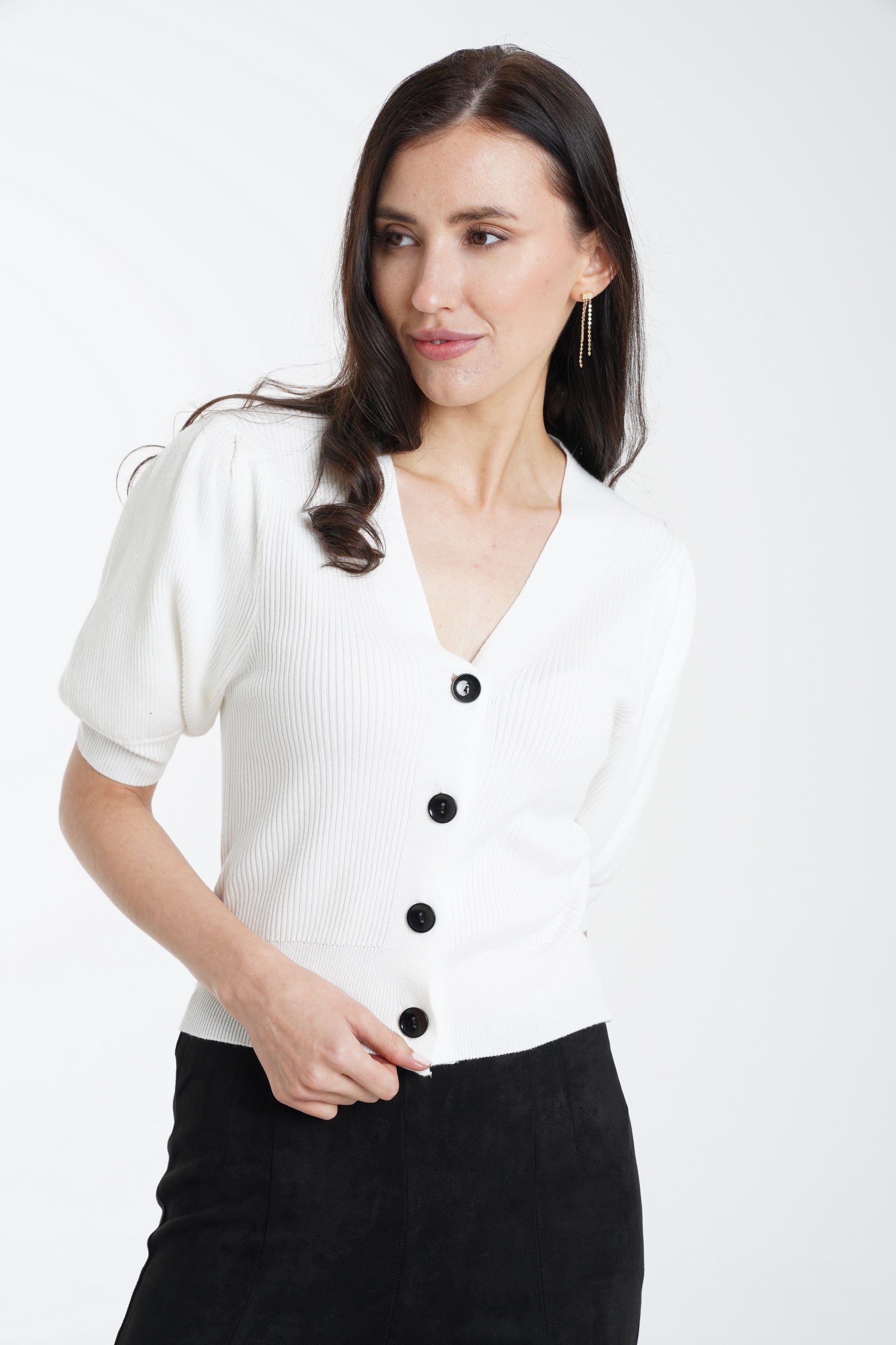 ميكا توب قصير مضلع بأزرار أمامية نص كم نسائي