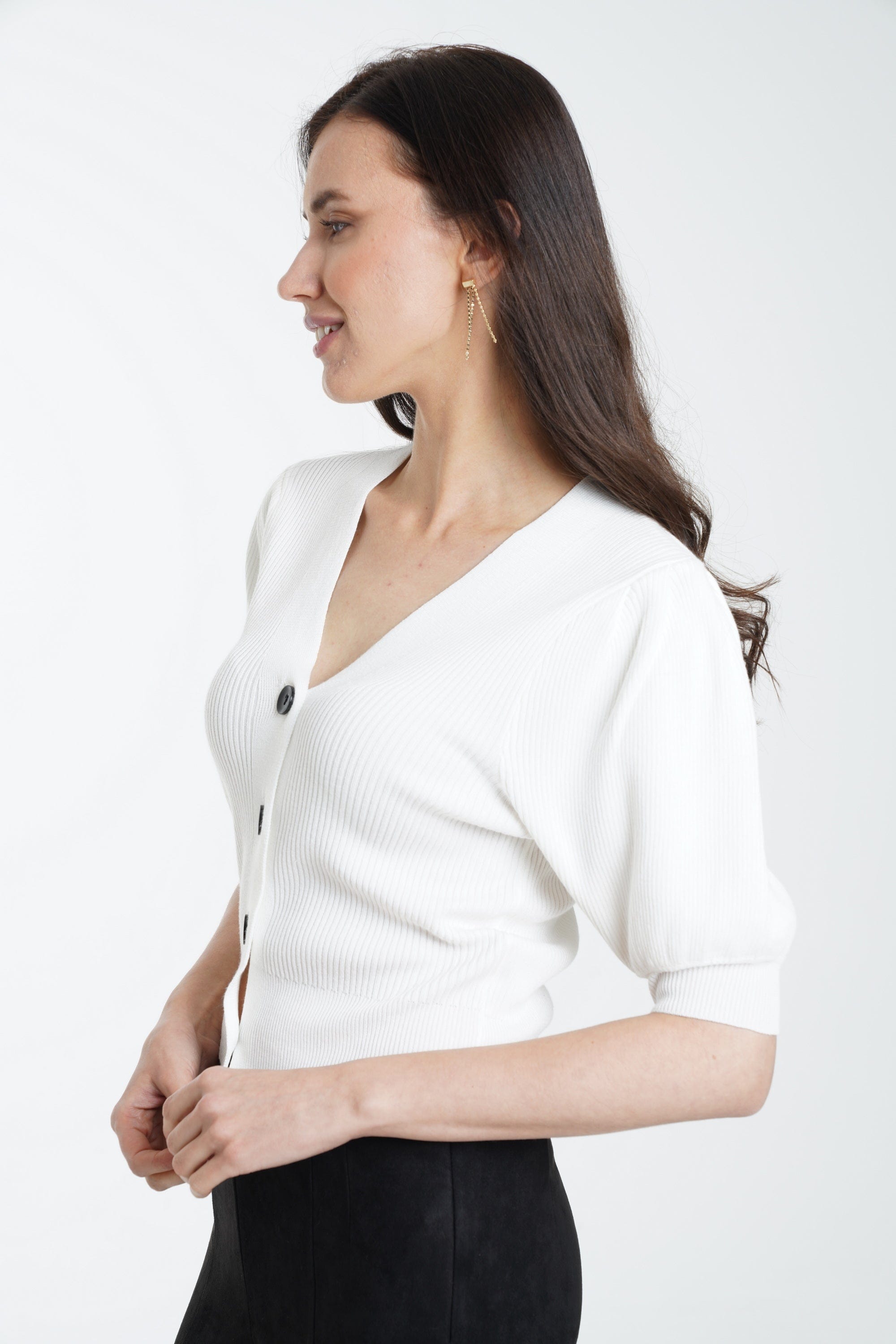 ميكا توب قصير مضلع بأزرار أمامية نص كم نسائي