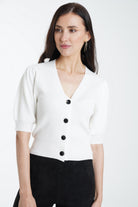 ميكا توب قصير مضلع بأزرار أمامية نص كم نسائي