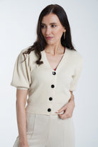 ميكا توب قصير مضلع بأزرار أمامية نص كم نسائي