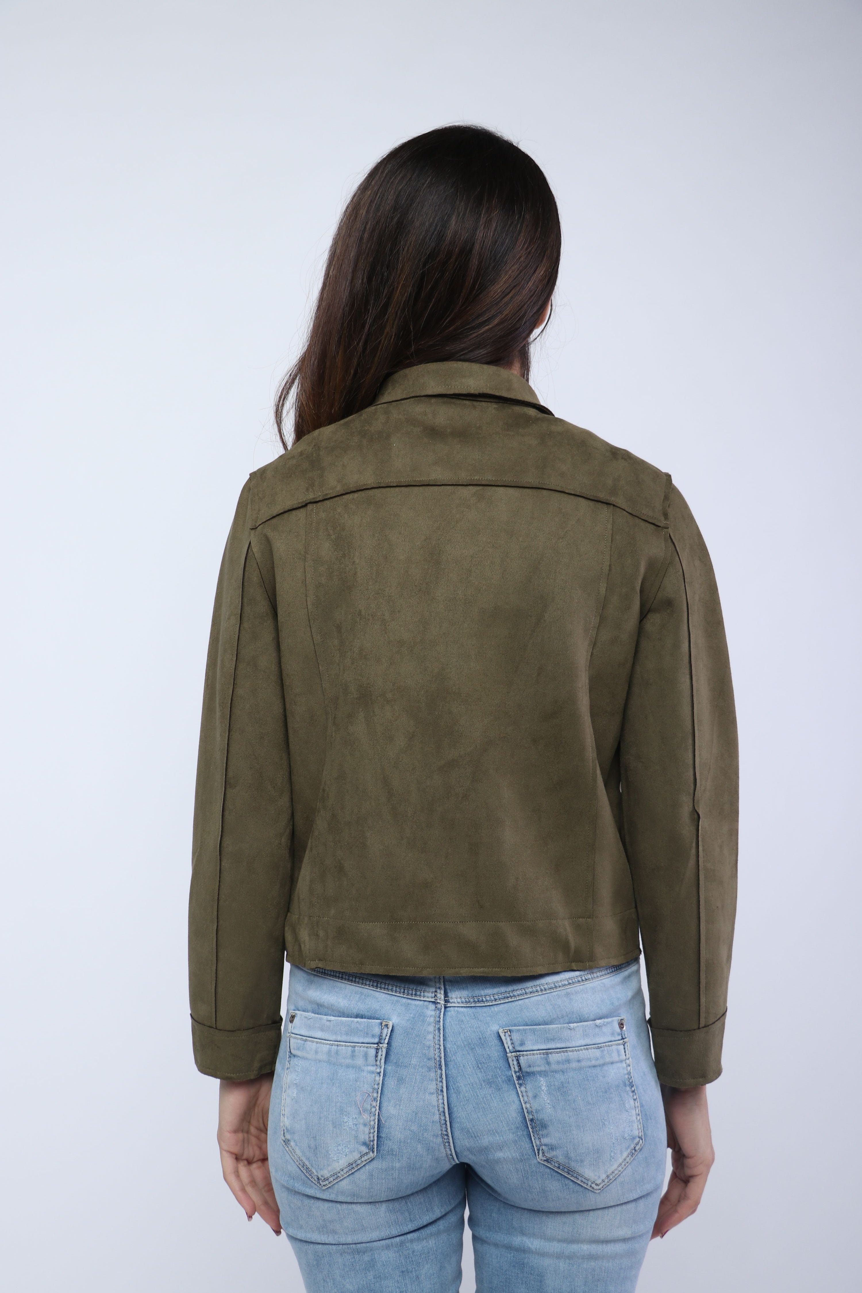 ميكا سترة سادة قصيرة بسحابات بأكمام طويلة