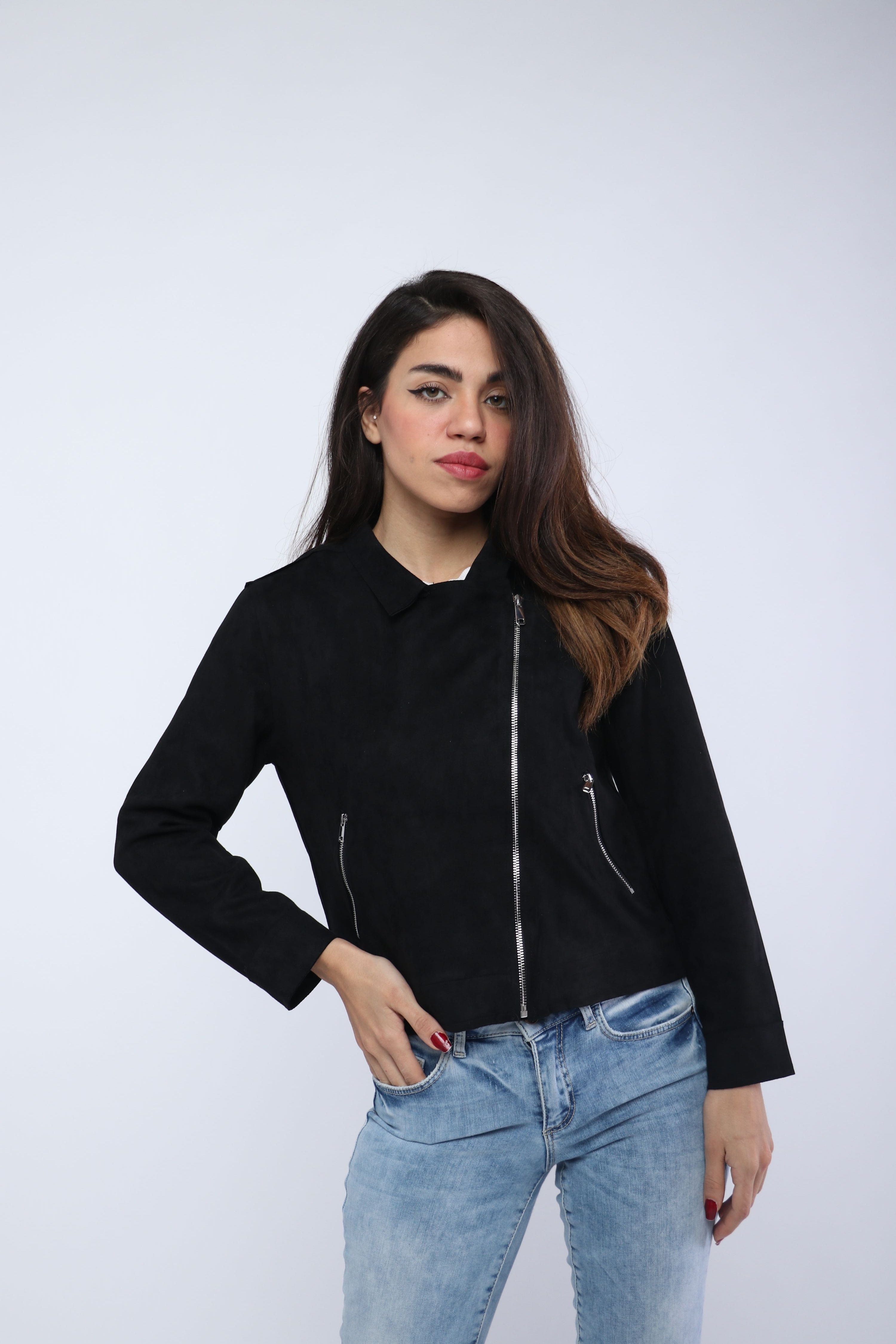 ميكا سترة سادة قصيرة بسحابات بأكمام طويلة