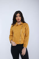 ميكا سترة سادة قصيرة بسحابات بأكمام طويلة