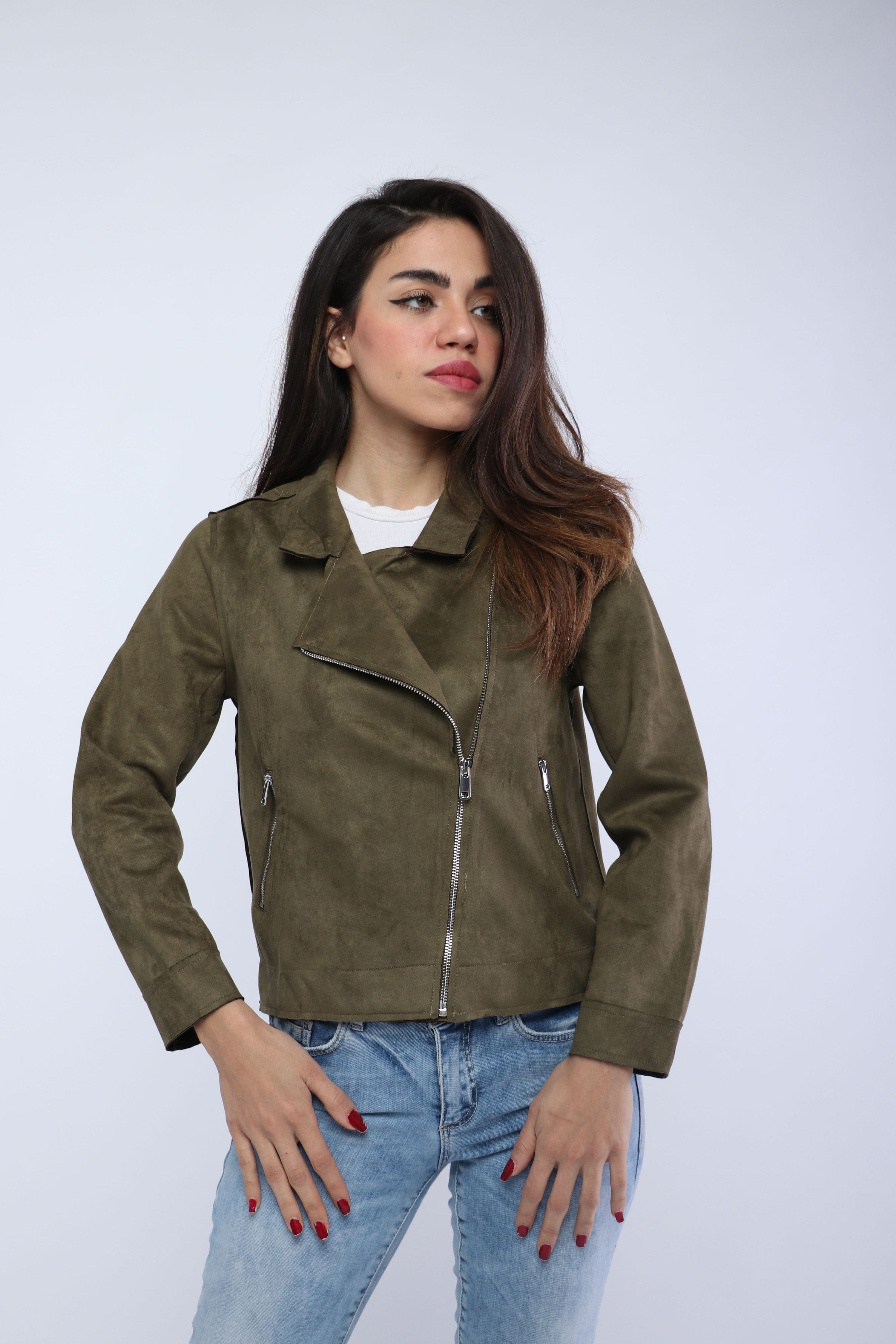 ميكا سترة سادة قصيرة بسحابات بأكمام طويلة