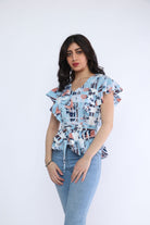 ميكا بلوزة بأكمام قصيرة فراشة مزموم من الخصر