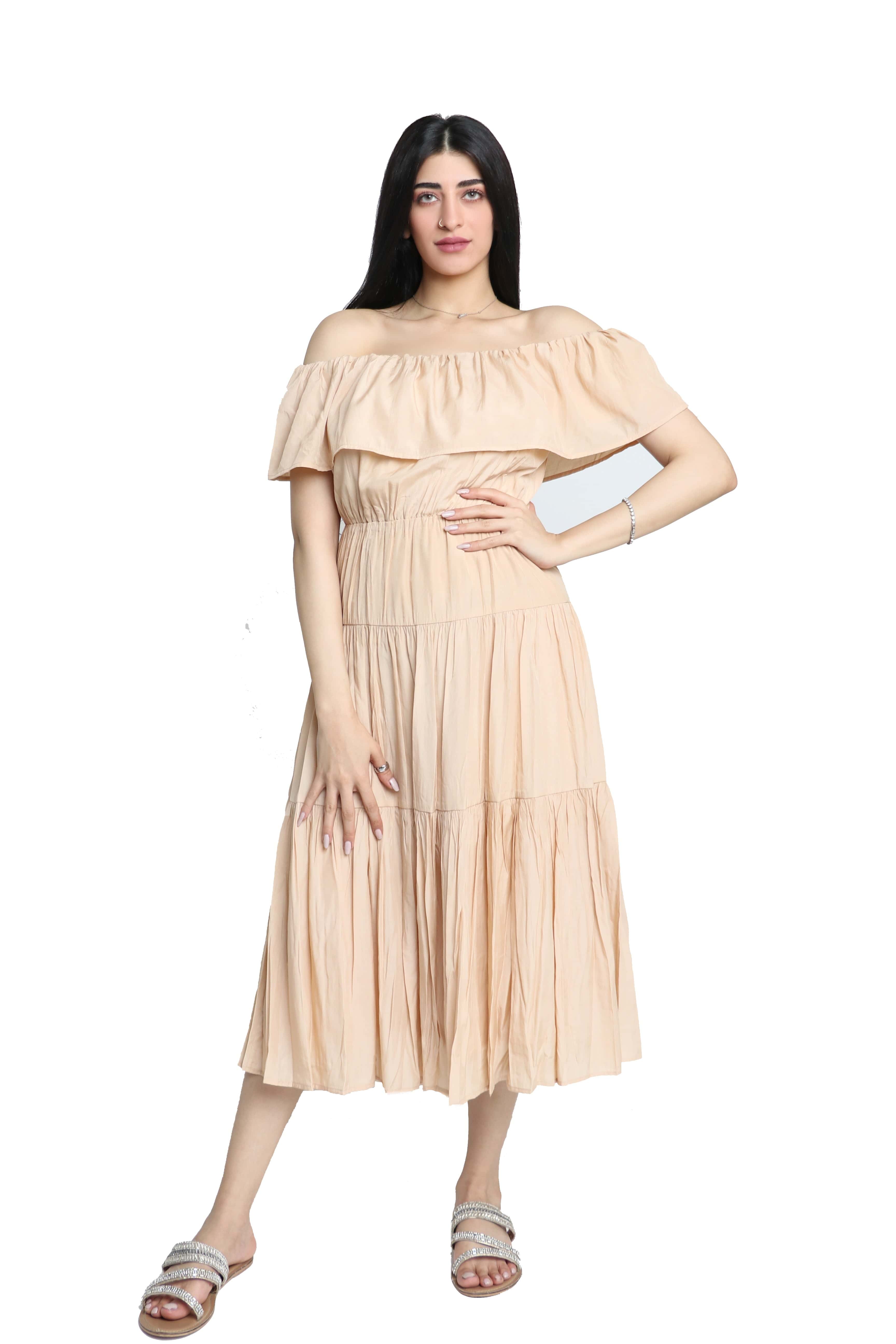 ميكا فستان ميدي سادة مكشكش أوف شولدر