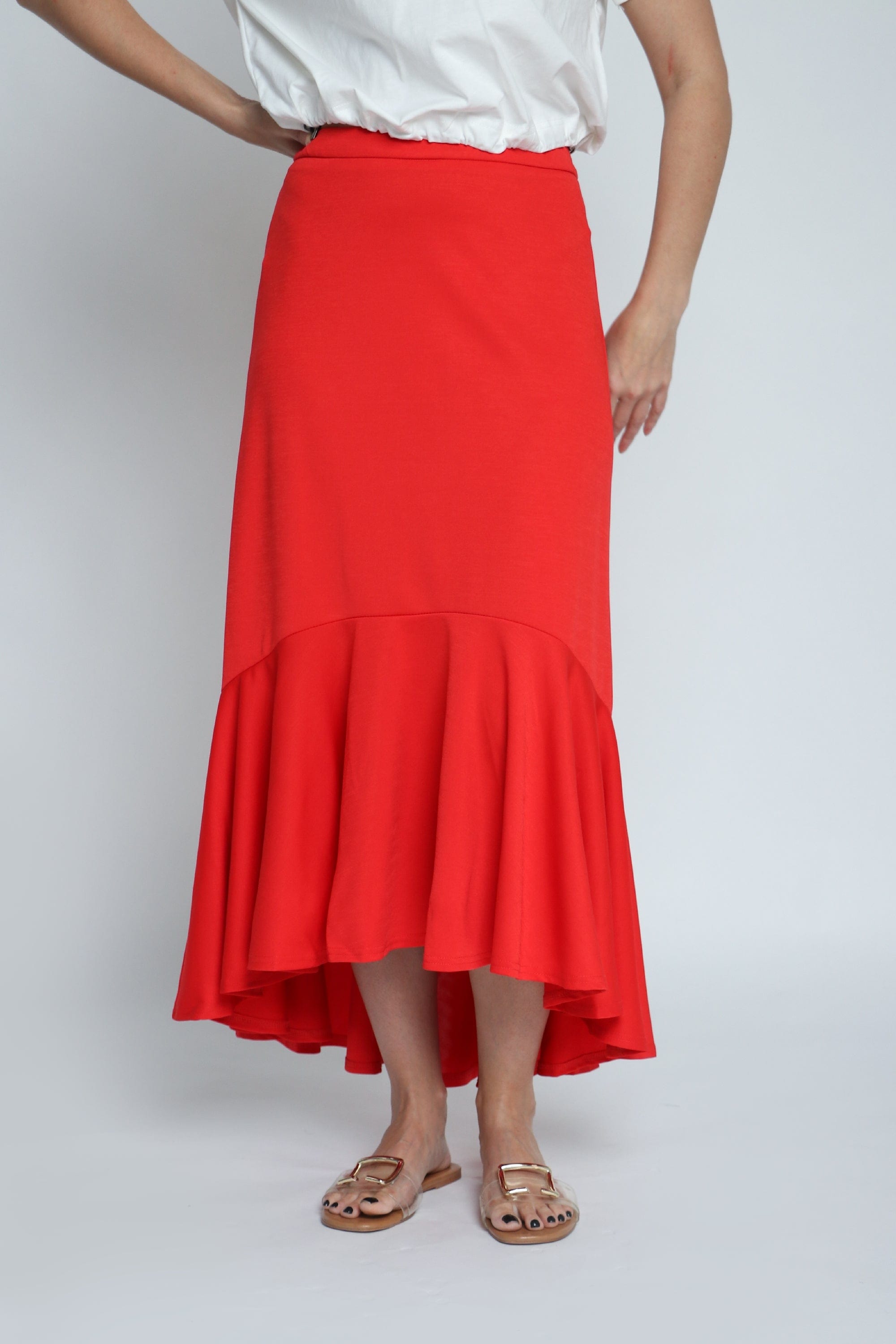 ميكا تنورة متوسطة الطول كشكش من الأسفل طويلة من الخلف قصير من الأمام