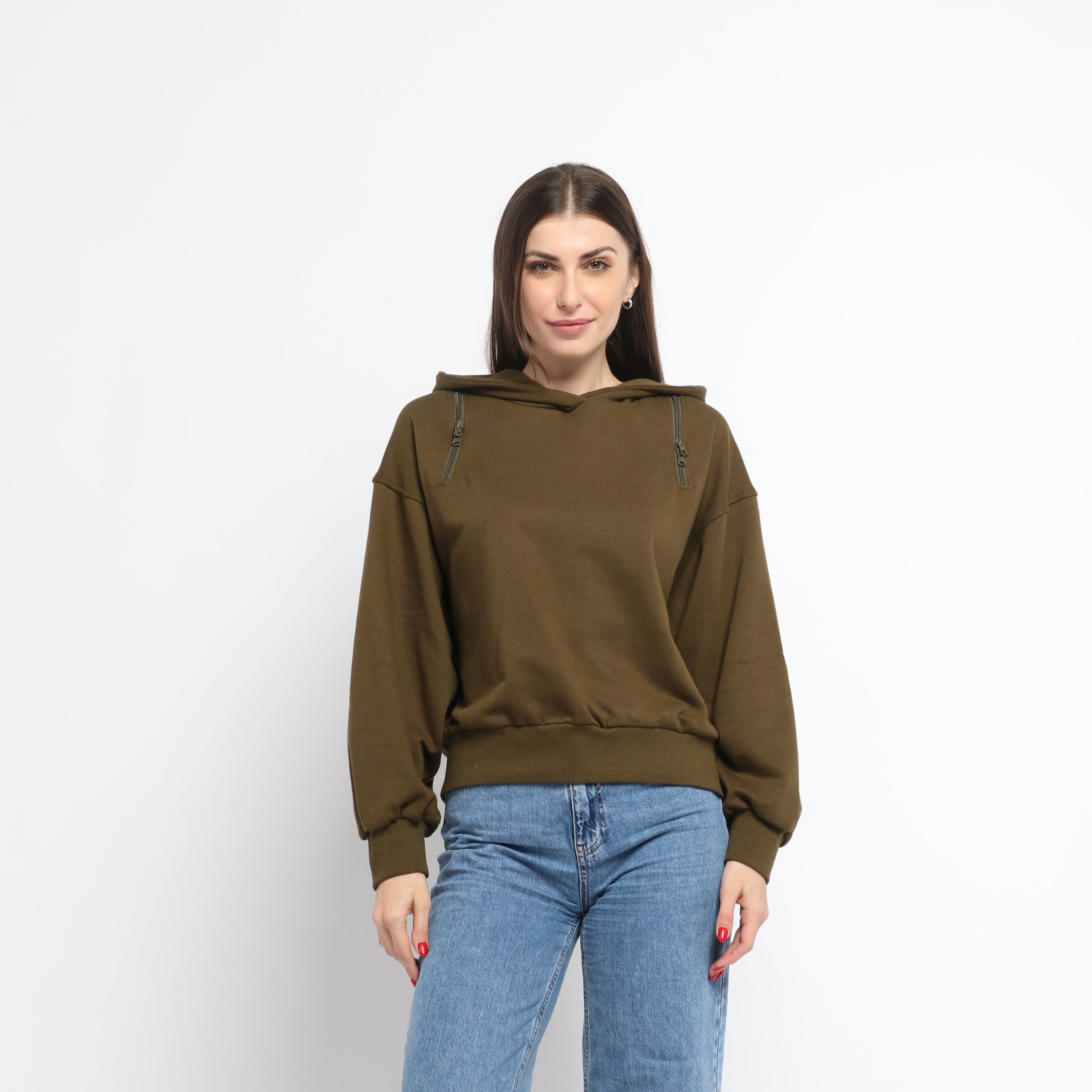 ميكا بلوزة على شكل هودي سادة بسحابات على الكتف بأكمام طويلة