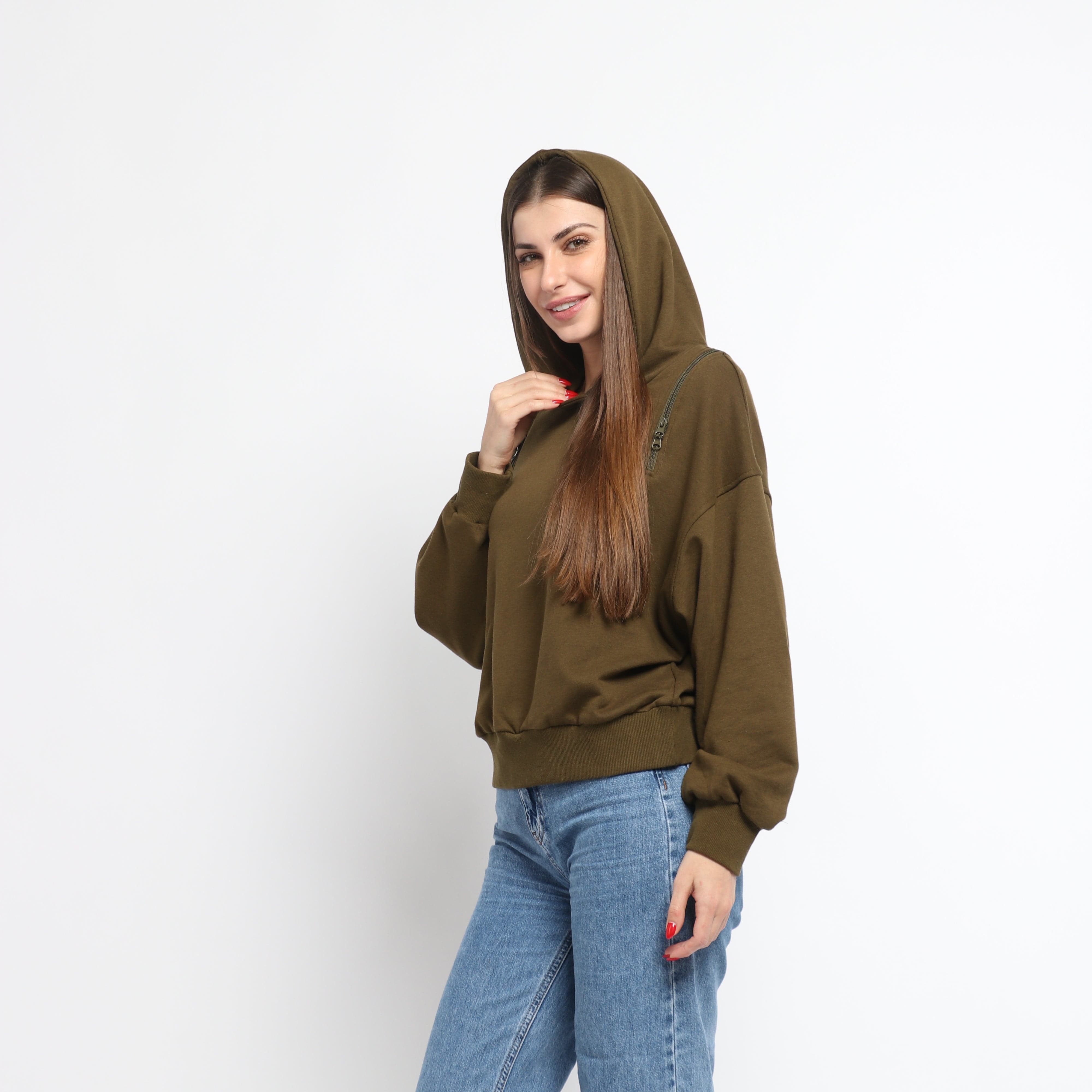 ميكا بلوزة على شكل هودي سادة بسحابات على الكتف بأكمام طويلة