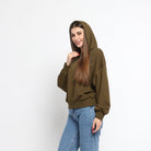 ميكا بلوزة على شكل هودي سادة بسحابات على الكتف بأكمام طويلة