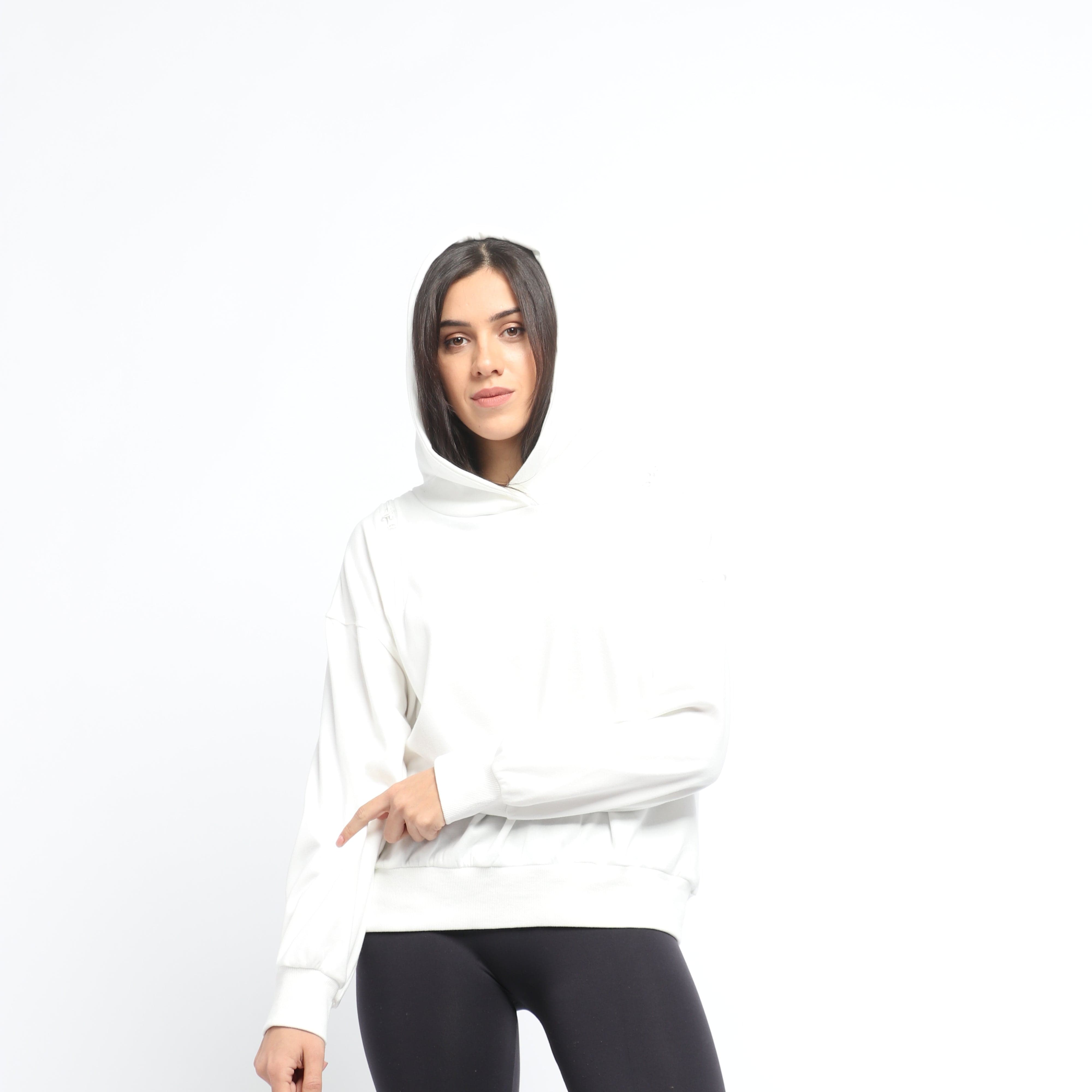 ميكا بلوزة على شكل هودي سادة بسحابات على الكتف بأكمام طويلة