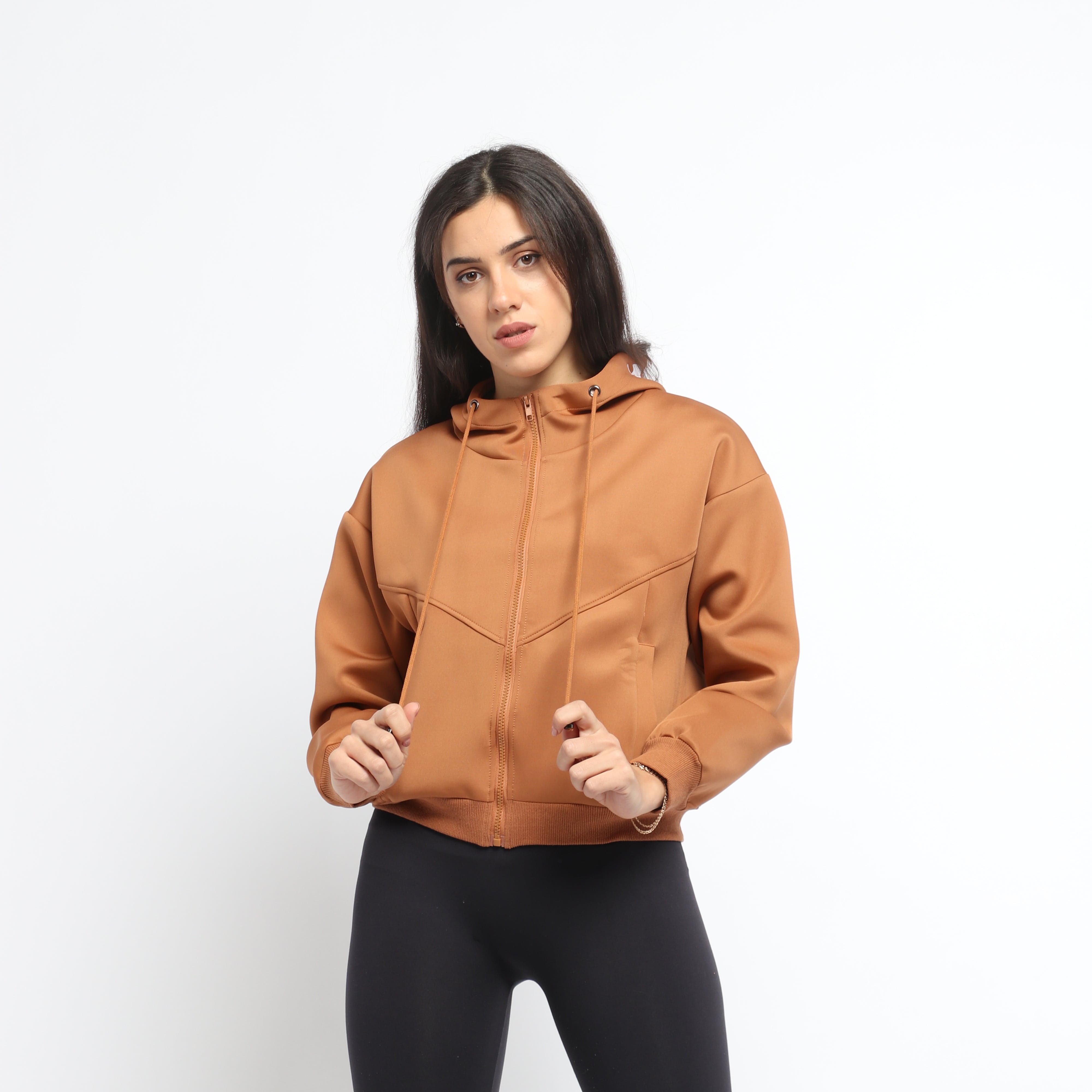 ميكا سويت شيرت قصير سادة بسحاب وقبعة ورباط بأكمام طويلة