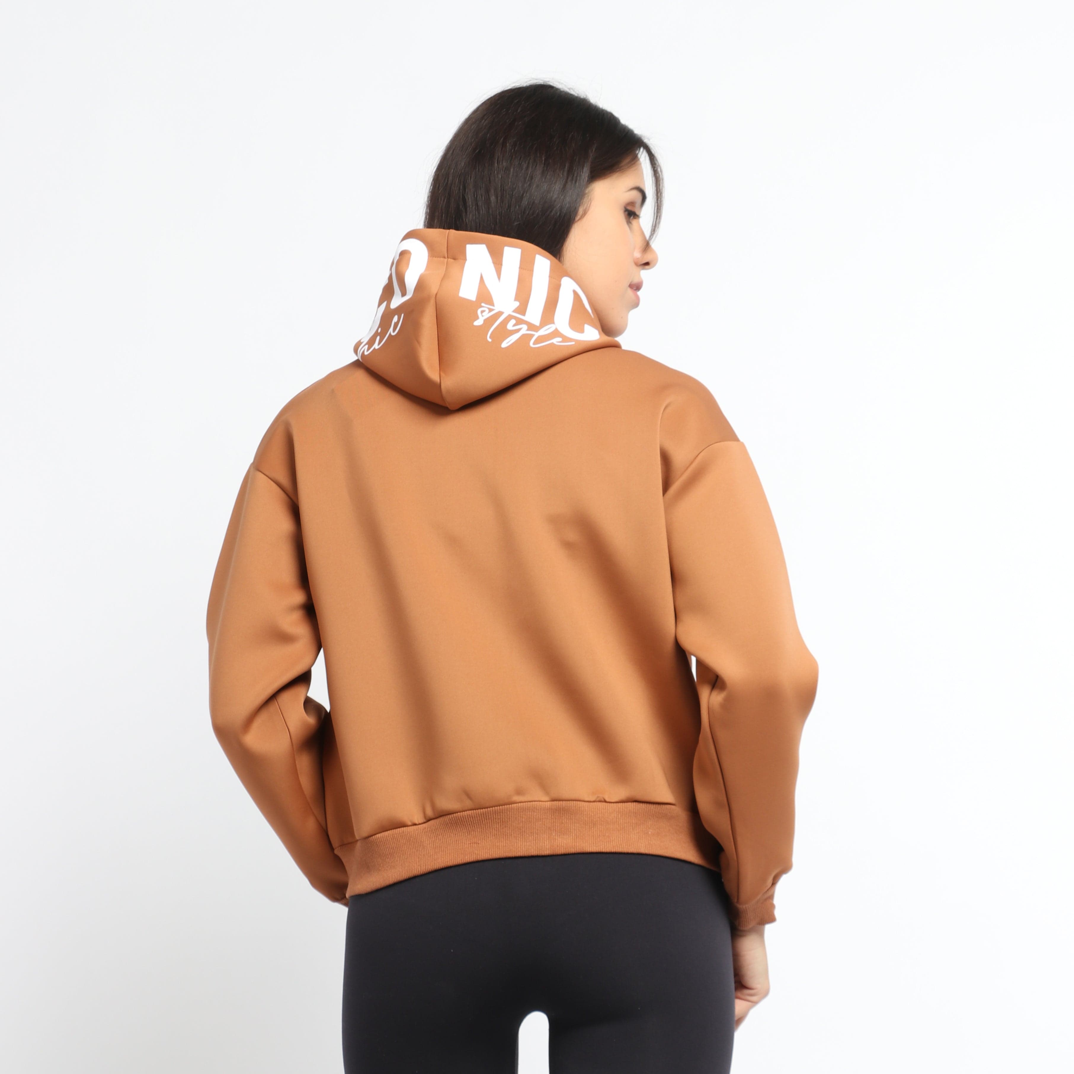 ميكا سويت شيرت قصير سادة بسحاب وقبعة ورباط بأكمام طويلة