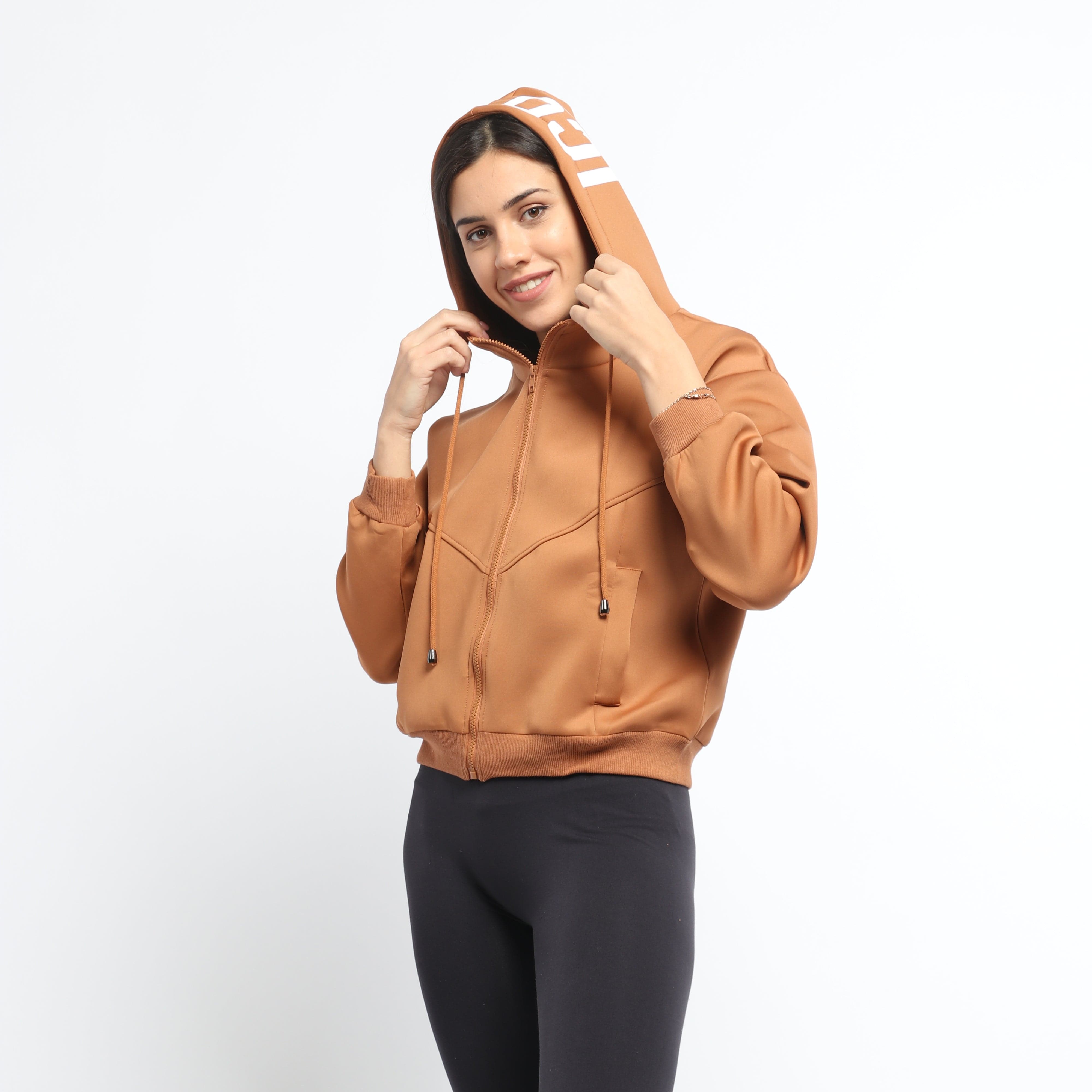 ميكا سويت شيرت قصير سادة بسحاب وقبعة ورباط بأكمام طويلة