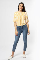 ميكا بلوزة بأكمام قصيرة مقلم بياقة دائرية