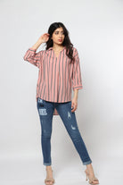 ميكا بلوزة بكسرة أمامية مخطط بالطول بأكمام 3/4