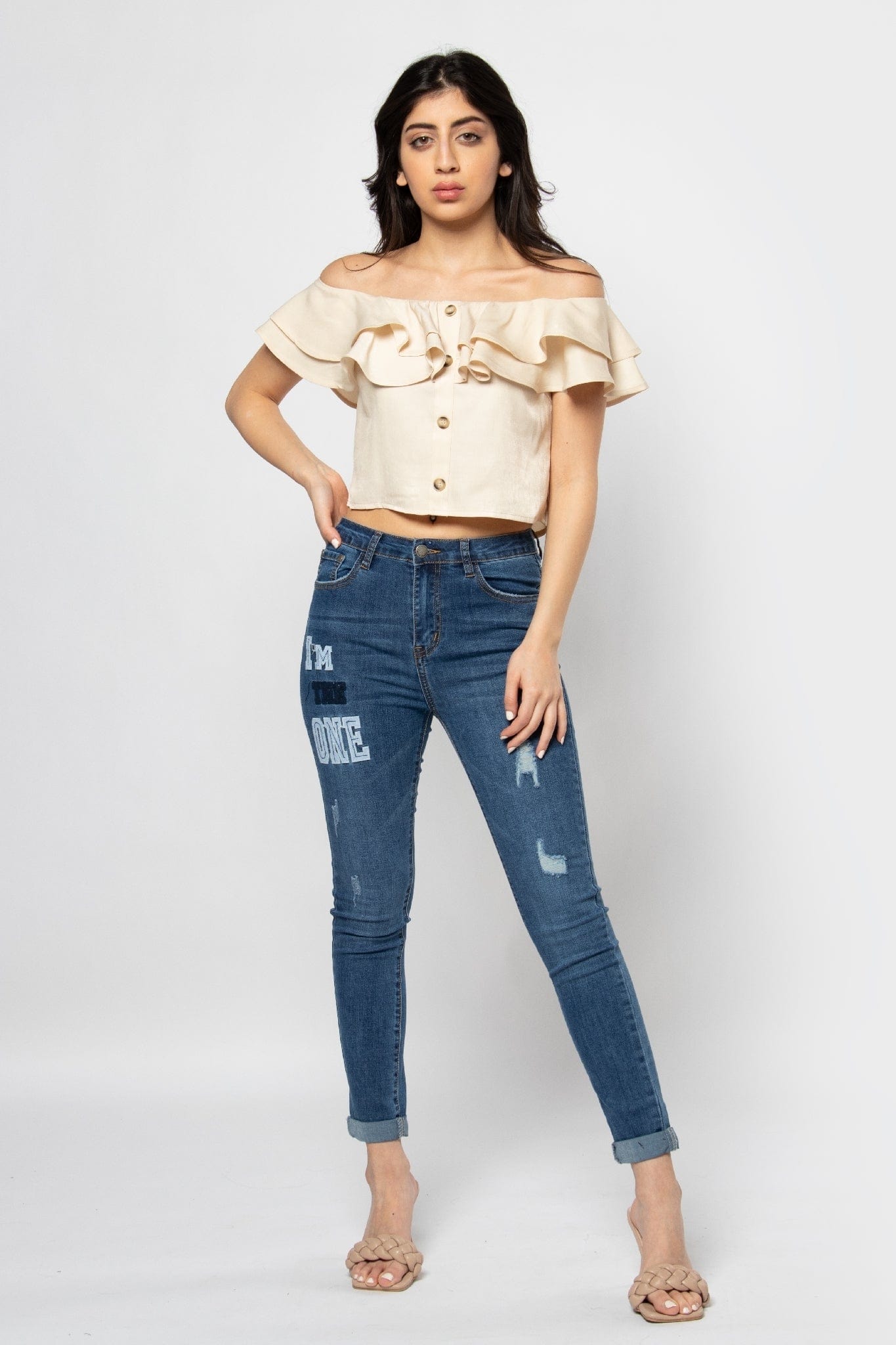 ميكا بلوزة بأكمام قصيرة فراشة بأزرار أمامية