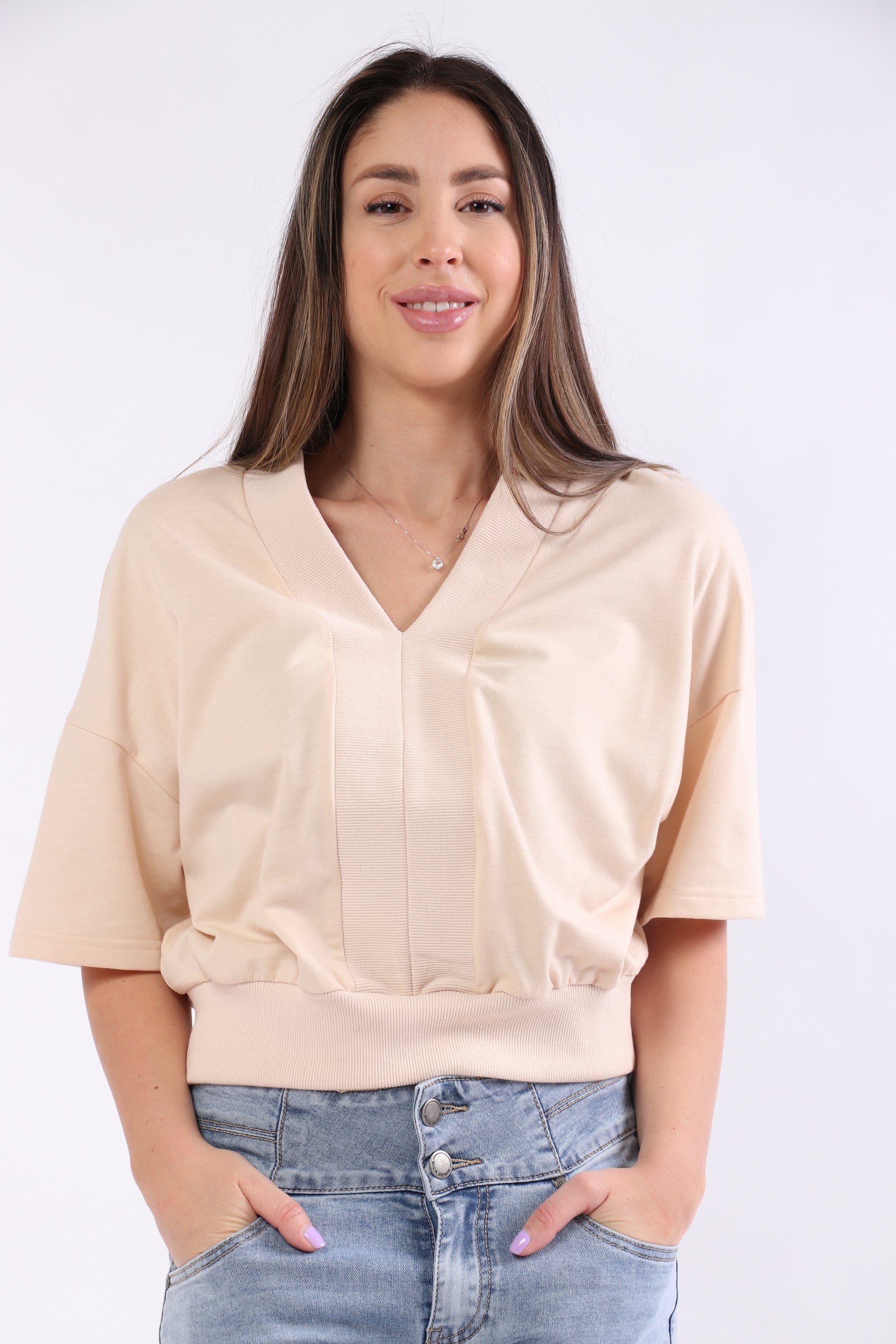 ميكا بلوزة بأكمام قصيرة سادة بخصر مطاطي