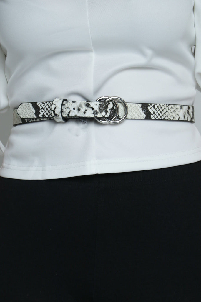 ميكا حزام جلد ثعبان توكة حلقات دائرية رفيع نسائي أبيض