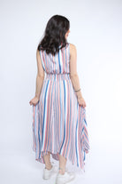 ميكا فستان ميدي بدون أكمام مقلم مزموم من الخصر ازرق/زهري