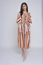 ميكا فستان ميدي مخطط بالطول بحزام على الخصر نص كم مفتوح