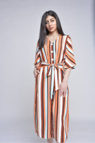 ميكا فستان ميدي مخطط بالطول بحزام على الخصر نص كم مفتوح