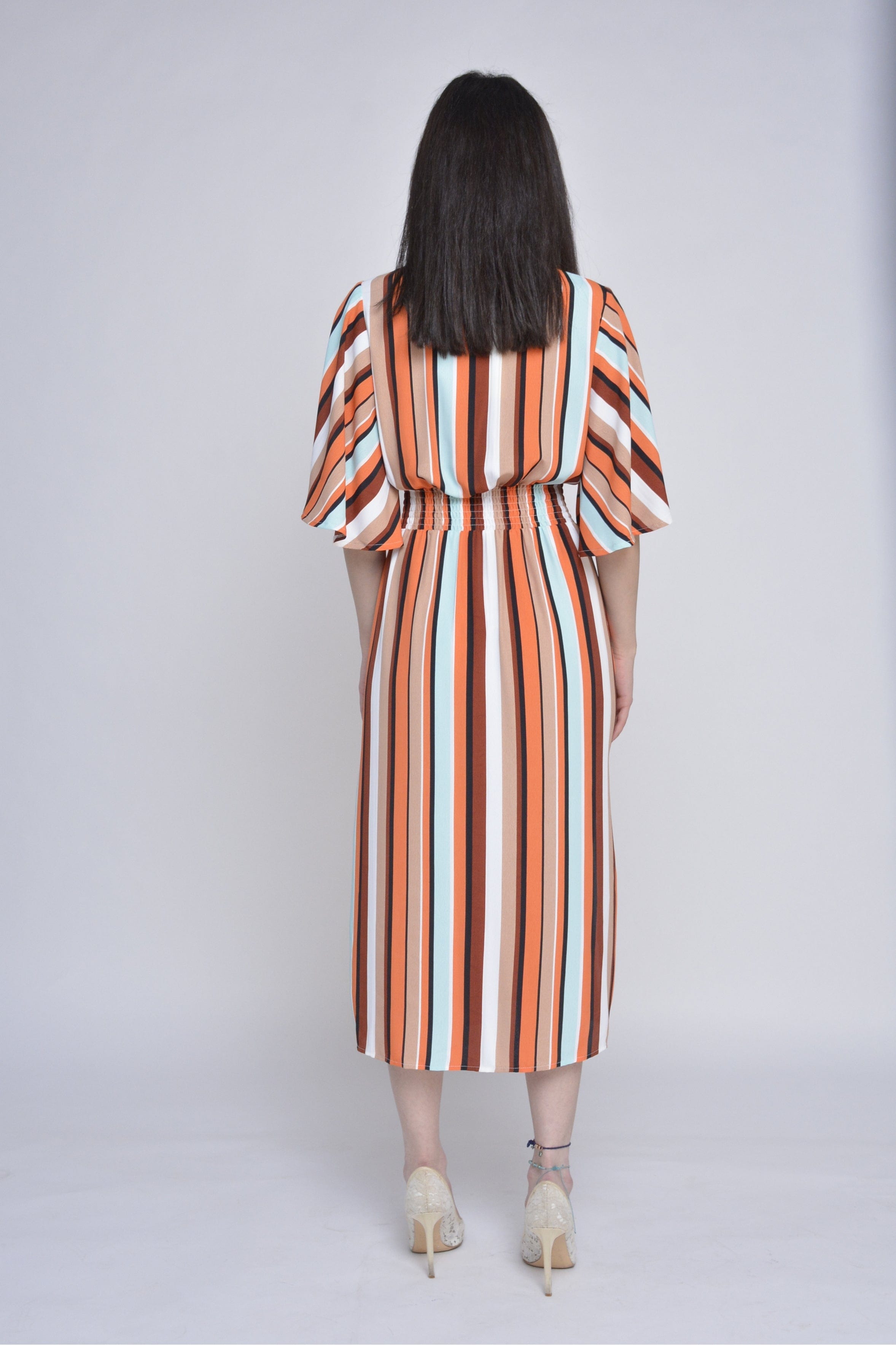 ميكا فستان ميدي مخطط بالطول بحزام على الخصر نص كم مفتوح