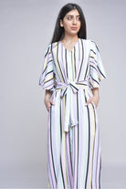 ميكا فستان ميدي مخطط بالطول بحزام على الخصر نص كم مفتوح