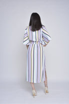 ميكا فستان ميدي مخطط بالطول بحزام على الخصر نص كم مفتوح