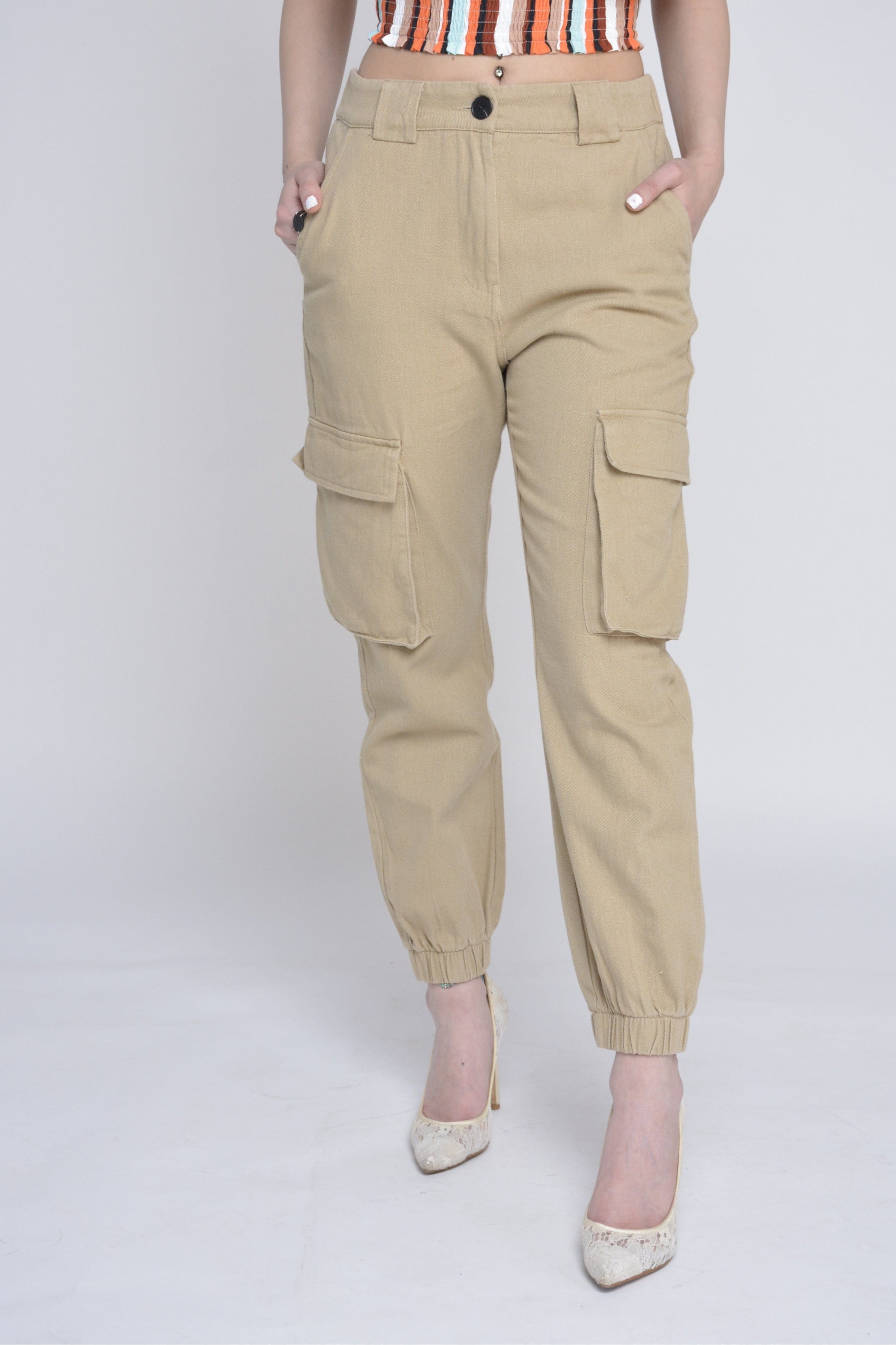 ميكا بنطلون طويل خصر مرتفع بجيوب جانبية سادة