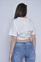 ميكا بلوزة قطن سادة نص بطن كم قصير