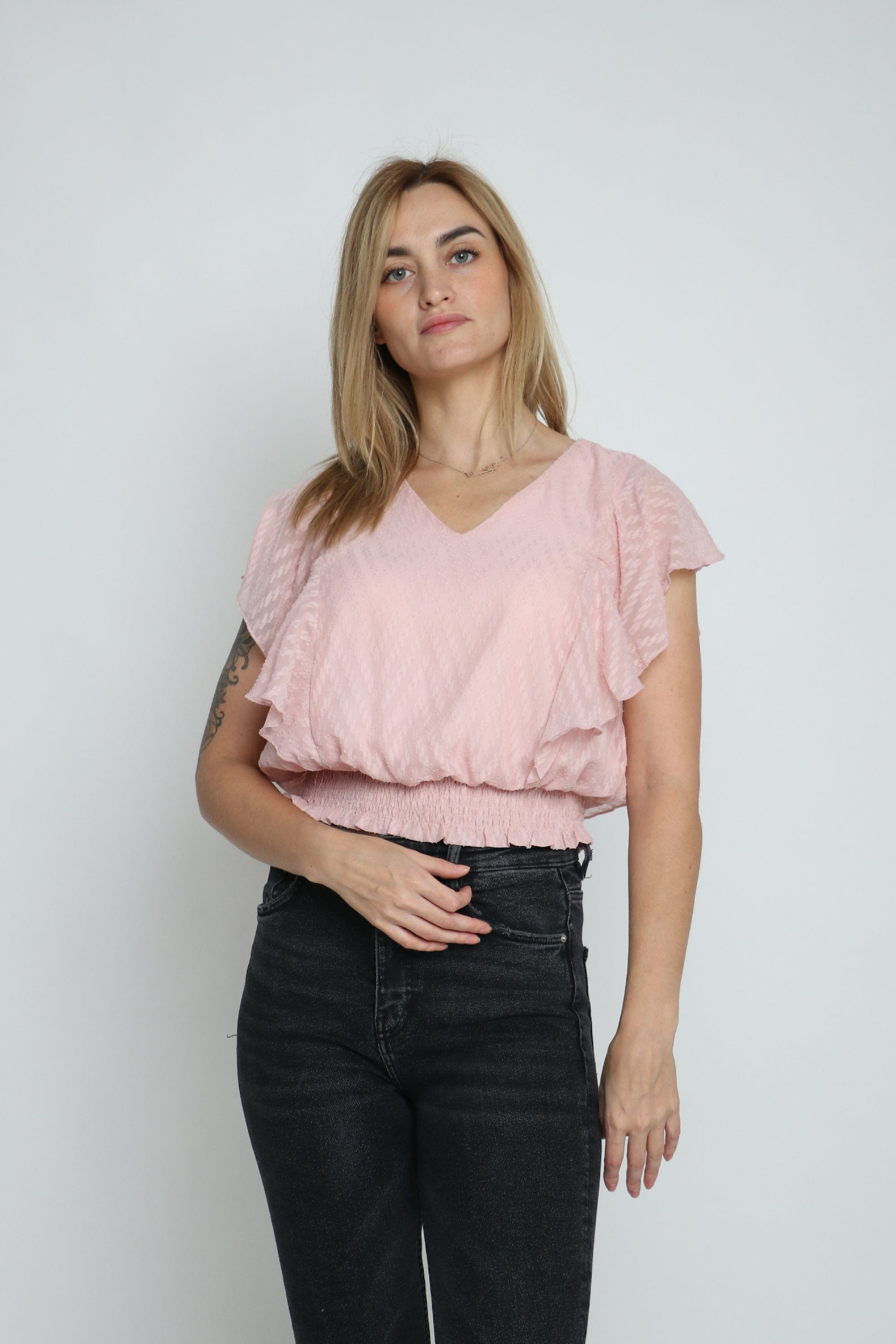 ميكا بلوزة بأستيك وبأكمام قصيرة طبقات نسائي