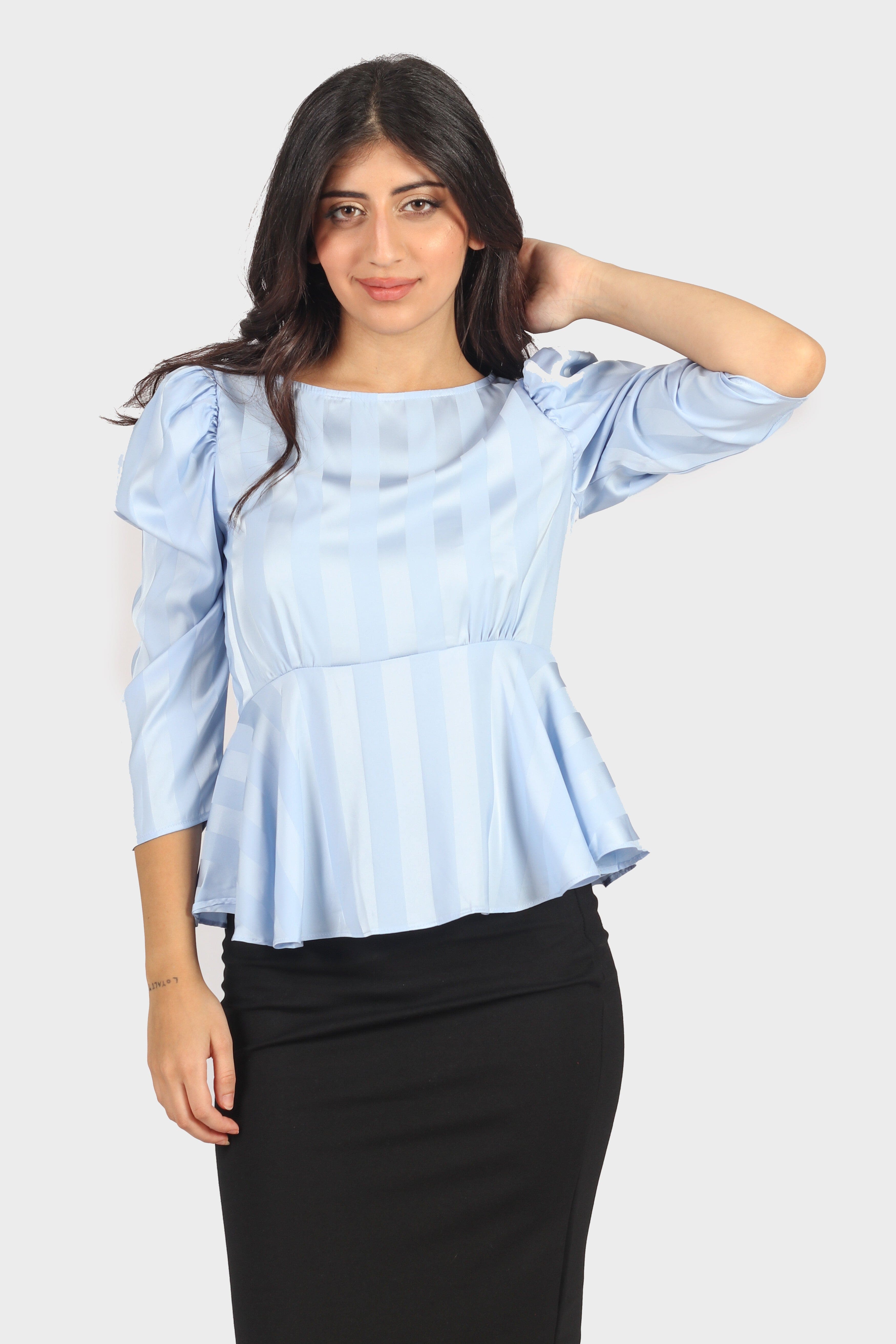 ميكا بلوزة ساتان جاكار كاجوال مخططة مخصرة كم طويل بف نسائي