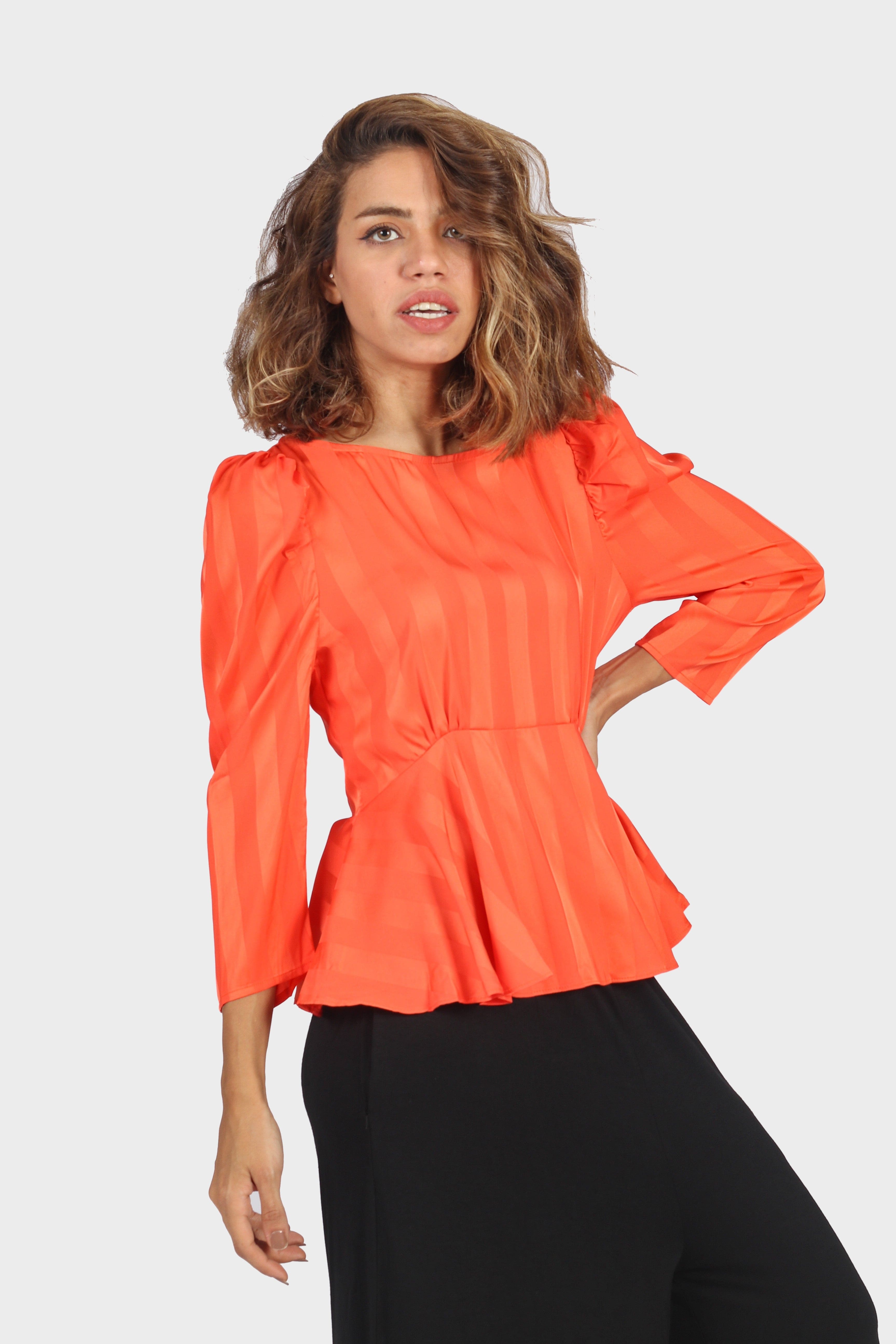 ميكا بلوزة ساتان جاكار كاجوال مخططة مخصرة كم طويل بف نسائي