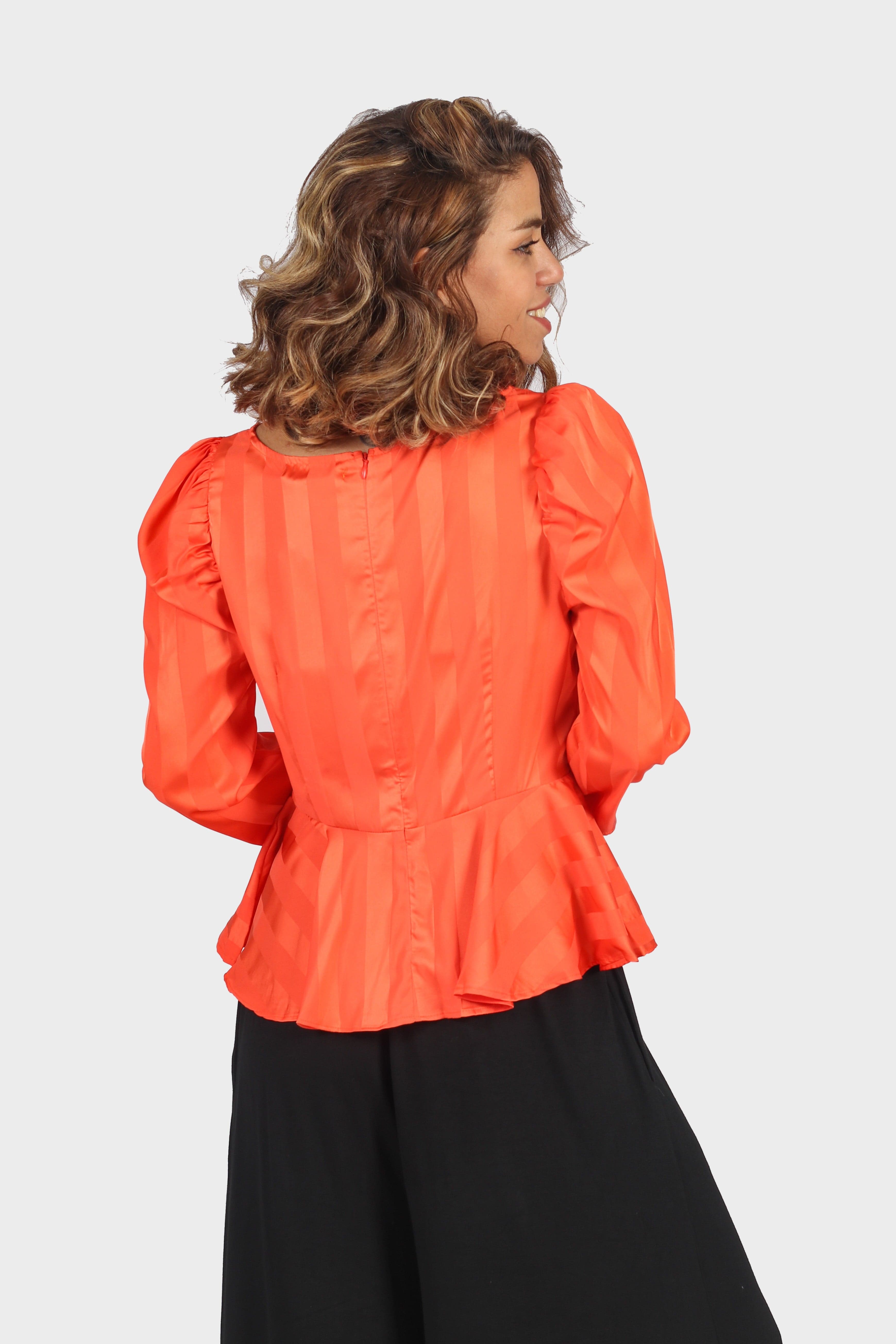 ميكا بلوزة ساتان جاكار كاجوال مخططة مخصرة كم طويل بف نسائي