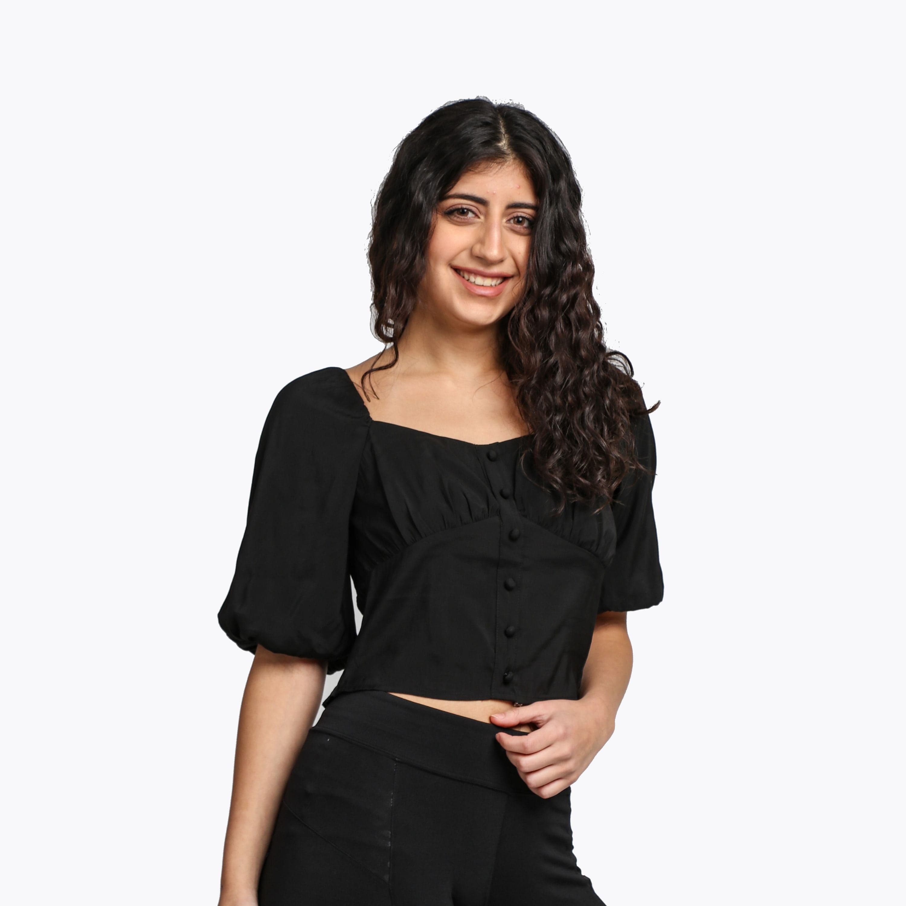 ميكا بلوزة نص بطن بأزرار أمامية ناعمة نص كم بف نسائي