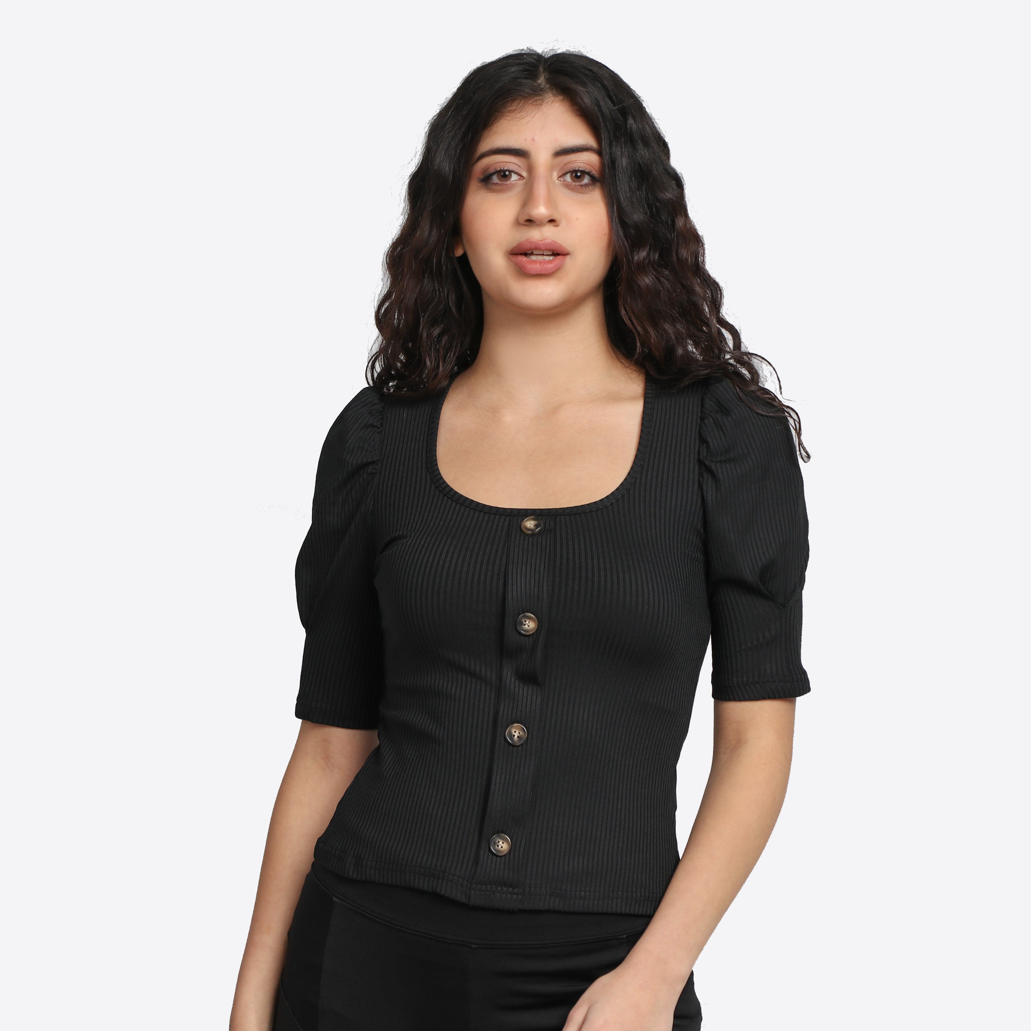 ميكا بلوزة بياقة مربعة بأزرار أمامية مع أكمام بف نسائية