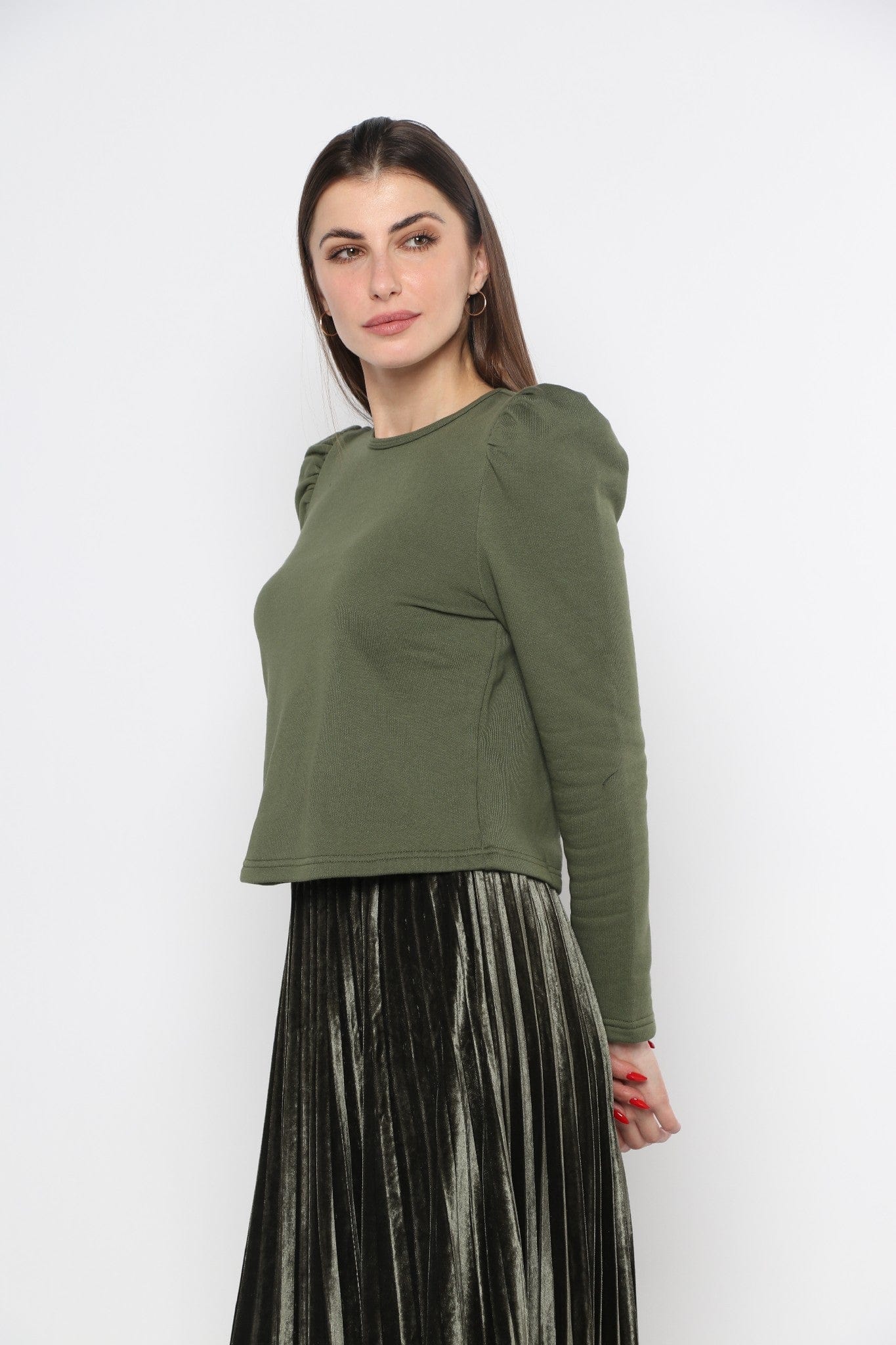 ميكا بلوزة سادة بكتف مرتفع بأكمام طويلة