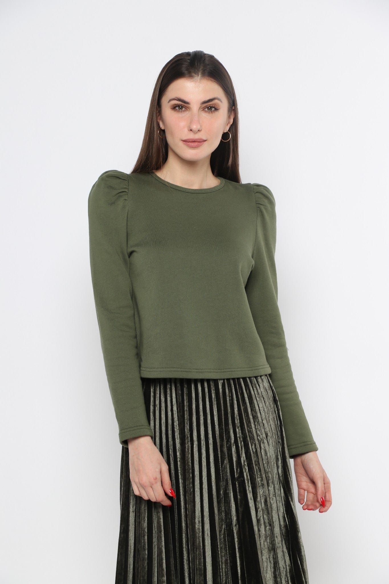 ميكا بلوزة سادة بكتف مرتفع بأكمام طويلة