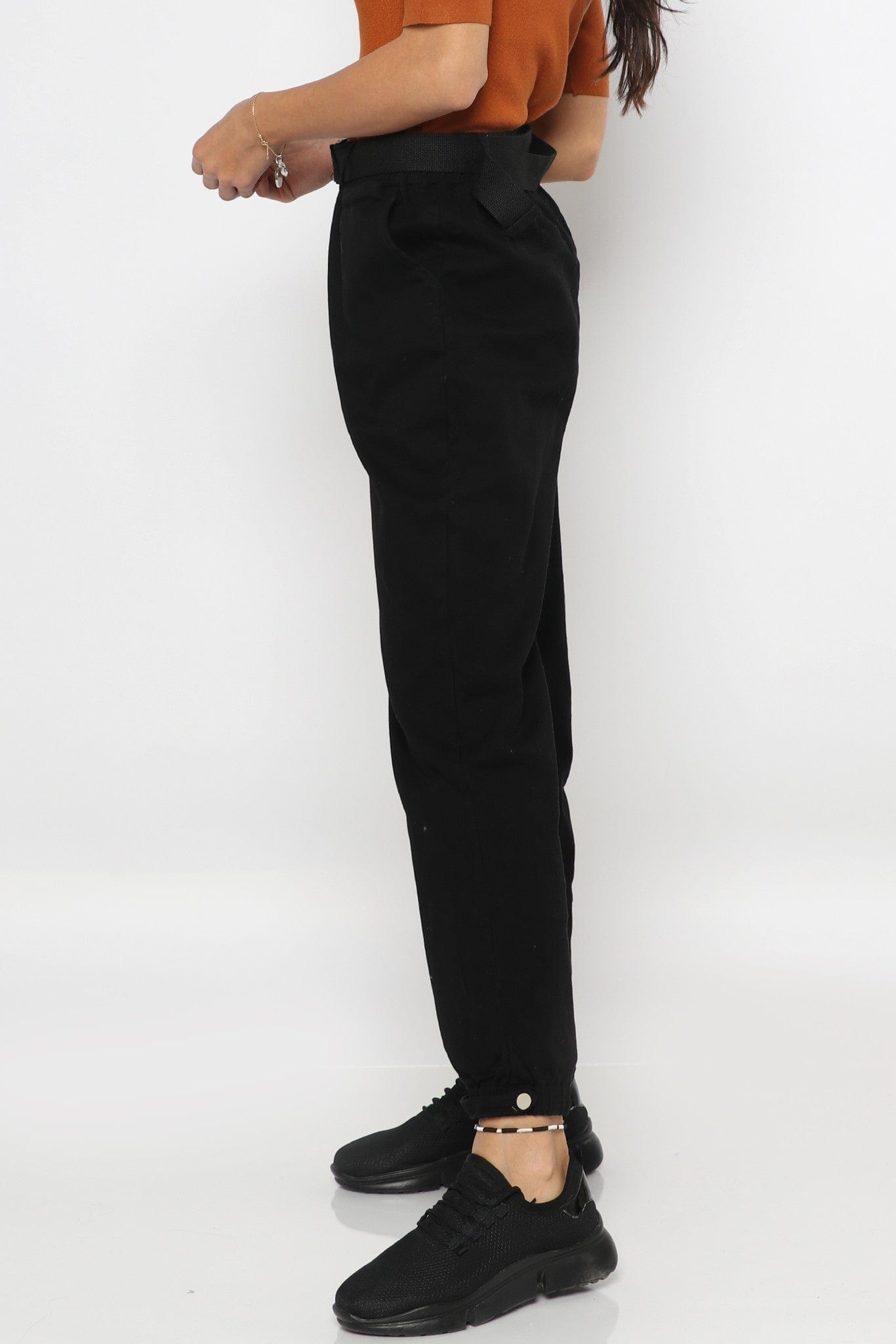 ميكا بنطلون طويل خصر مرتفع سادة بأساور أسود