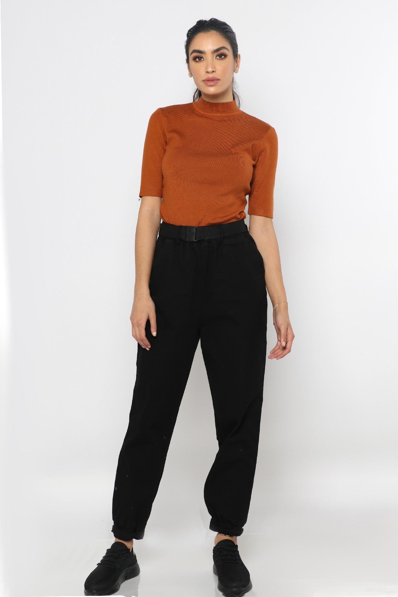 ميكا بنطلون طويل خصر مرتفع سادة بأساور أسود